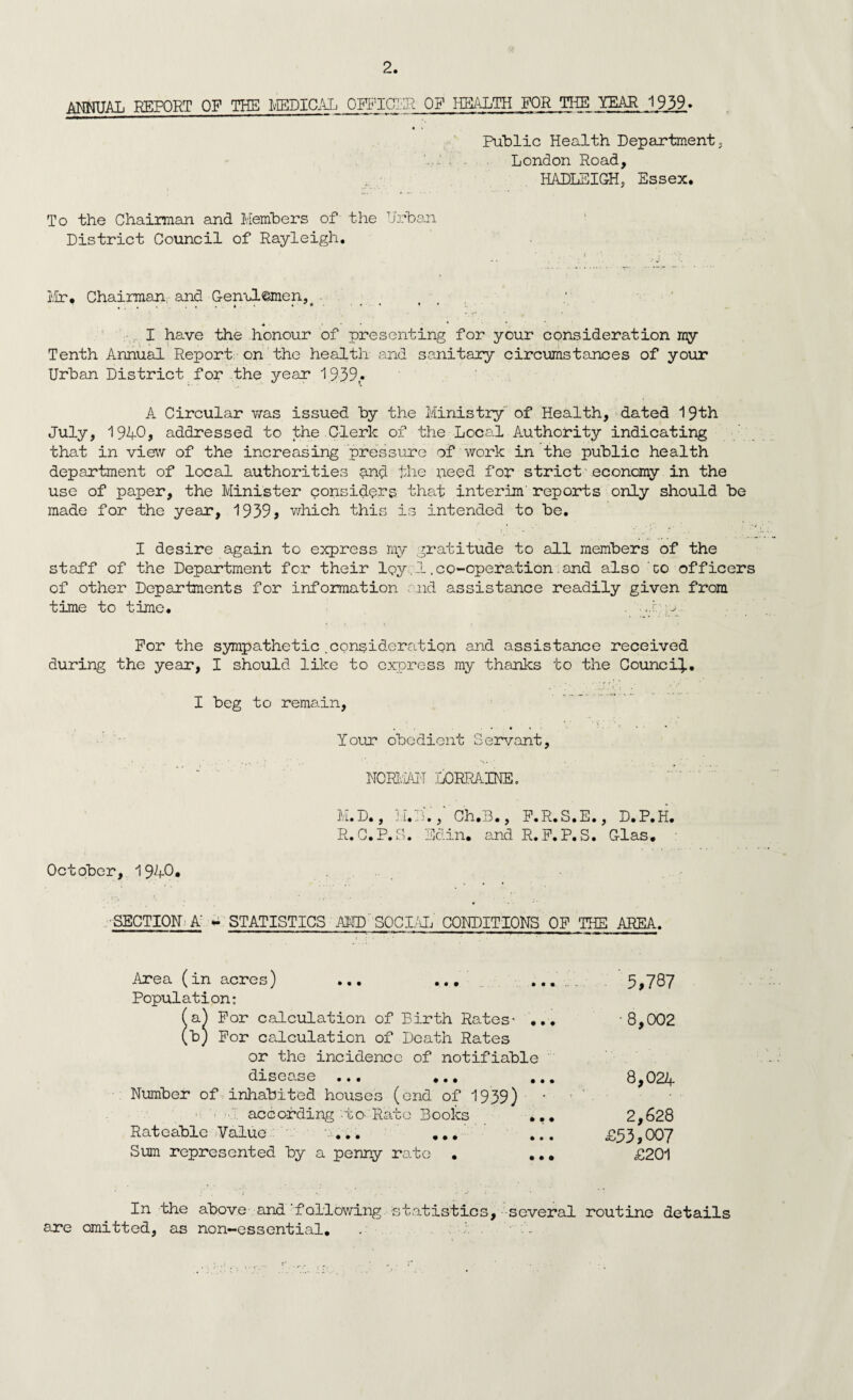 ANNUAL REPORT OF THE MEDICAL OEFICIiR OF HEALTH FOR THE YEAR 1939. Public Health Department;, . ■ London Road, HADLSIGH, Essex. To the Chairman and Members of the Urban District Council of Rayleigh. J • ' . i ■ *• j* Mr. Chairman, and Geml^men, . ... ... ♦ 1 * • • * ’ * * ■ ... * I have the honour of presenting for your consideration ray Tenth Annual Report on the health and sanitary circumstances of your Urban District for the year 1939- A Circular was issued by the Ministry of Health, dated 19th July, 1940, addressed to the Clerk of the Local Authority indicating that in view of the increasing pressure of work in the public health department of local authorities and the need for strict economy in the use of paper, the Minister considers that interim' reports only should be made for the year, 1939, which this is intended to be. I desire again to express my gratitude to all members of the staff of the Department for their ley .1.co-operation, and also co officers of other Departments for information and assistance readily given from time to time. . g For the sympathetic.consideration and assistance received during the year, I should like to express my thanks to the Council* I beg to remain, Your obedient Servant, NORMAL LORRAINE. M.D., Ch.B., F.R.S.E., D.P.H. R. C.P.S. Edin. and R.F. P. S. Glas. October, 1940* SECTION A - STATISTICS AMD’ SOCIAL CONDITIONS OF THE AREA. Area (in acres) ... ... ... Population: (a^ For calculation of Birth Rates- ... (b) For calculation of Death Rates or the incidence of notifiable disease ... ... ... Number of inhabited houses (end of 1939) according to-Rato Books ... Rateable Value ... ... ... Sum represented by a penny rate . ... 5,787 •8,002 8,024 2,628 £53,007 £201 In the above and following statistics, several routine details are omitted, as non-essential. . -