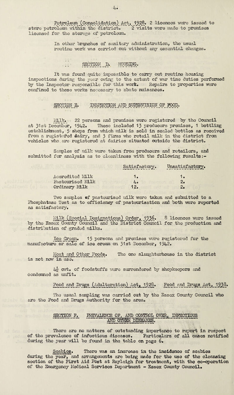 4* Pot role urn ^Consolidation \ ActK 19.28, 2 licences were issued to store petroleum within the district* 2 visits were made to premises licensed for the storage of petroleum. In other branches of sanitary administration, the usual routine work was carried out without any essential changes. SECTION D. HOUSBC;. It was found quite impossible to carry out routine housing inspections during the year owing to the extent of war time duties performed by the Inspector responsible for this work* Repairs to properties were confined to those works necessary to abate nuisances* SECTION E. INSPECTION AND SUPERVISION OP POOD. Milk.. 22 persons and premises wore registered by tho Council at 31st December, 1942. These included 13 producers premises, 1 bottling establishment, 5 shops from which milk is sold in sealed bottles as received from a registered dairy, and 3 firms who retail milk in the district from vehicles who.are registered at dairies situated outside the district. Samples of milk were taken from producers and retailors, and submitted for analysis as to cleanliness with the following results Satisfactory. Unsjatis^aqtoijr. Accredited Milk 1. 1. Pasteurised Milk 4. 2. Ordinary Milk 12. 2. Two samples of pasteurised milk were taken and submitted to a Phosx-)hatase Test as to efficiency of pasteurisation and both were reported as satisfactory. Milk (Special Designations) Order, 193&* 8 licences were issued by the Essex County Council and the District Council for the production and distribution of graded milks. Icq Cream. 15 persons and premises were registered for the manufacture or sale of ice cream on 31st December, 1942. Meat and Other Poods. The one slaughterhouse in the district is not now~in use. 4| cwt. of foodstuffs T/ore surrendered by shopkeepers and condemned as unfit. Pood and Drugs^ (Adulteration) Act, 1928. Food and Drugs Act, JjjjjB. The usual sampling was carried out by the Essex County Council who are tho Pood and Drugs Authority for the area. SECTION P. PREVALENCE OP, AND CONTROL OVER, INFECTIOUS AND OTHER DISEASES. > '}V » There are no matters of outstanding importance to report in respect of the prevalence of infectious diseases. Particulars of all cases notified during the year will be found in tho table on page 6. Scabies. There was an increase in the incidence of scabies during the year, and arrangements are being made for the use of the cleansing section of the First Aid Post at Rayleigh for treatment, with the co-operation of the Emergency Medical Services Department - Essex County Council.