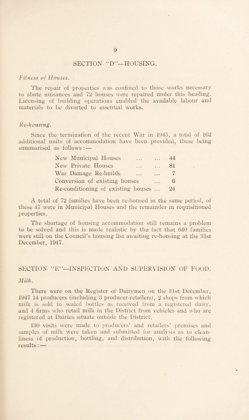 SECTION “D”—HOUSING. Fitness of Houses. The repair of properties was eonfined to those works necessary to abate nuisances and 72 houses were repaired under this heading. Licensing of building operations enabled the available labour and materials to be diverted to essential works. Re-housing. Since the termination of the recent War in 1945, a total of 162 additional units of accommodation have been provided, these being summarised as follows : — New Municipal Hou.ses ... ... 44 New Private Houses ... ... 81 War Damage Re-builds ... ... 7 Conversion of existing houses ... 6 Re-conditioning of existing houses ... 24 A total of 72 families have been re-housed in the same period, of these 47 were in Municipal Houses and the remainder in requisitioned properties. The shortage of housing accommodation still remains a problem to be solved and this is made realistic by the, fact that 640 families were still on the Council’s housing list awaiting re-housing at the 31st December, 1947. SECTION “E”—inspection AND SUPERVISION OF FOOD. Milk. There were on the Register of Dairymen on the 31st December, 1947 14 producers (including 3 producer-retailers), 2 shops from which milk is sold in sealed bottles as received from a registered dairy, and 4 firms who retail milk in the District from vehicles and who are registered at Dairiesi situate outside the District. 130 visits were made to producers’ and retailers’ premises and samples of milk were taken and submitted for analysis as to clean¬ liness of production, bottling, and distribution, with the following results ; —