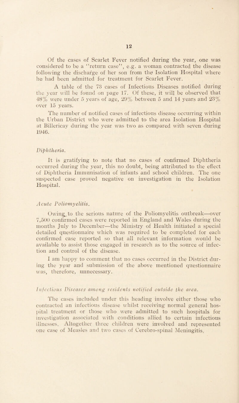 Of the cavSes of Scarlet Fever notified during the year, one was considered to be a “return case”, e.g. a woman contracted the disease following the discharge of her son from thd Isolation Hospital where he had been admitted for treatment for Scarlet Fever. A table of the 73 cases of Infectious Diseases notified during the year will be found on page 17. Of these, it will be observed that 48% were under 5 years of age, 29% between 5 and 14 years and 23% over 15 years. The number of notified cases of infectious disease occurring within the Urban District who were admitted to the area Isolation Hospital at Billericay during the year was two as compared with seven during 1946. Diphtheria. It is gratifying to note that no cases of confirmed Diphtheria occurred during' the year, this no doubt, being attributed to the effect of Diphtheria Immunisation of infants and school children. The one suspected case proved negative on investigation in the Isolation Hospital. Acute Poliomyelitis. Owing^to the serious nature of the Poliomyelitis outbreak—over 7,500 confirmed cases were reported in England and Wales during the months July to December—the Ministry of Health initiated a special detailed questionnaire which was required to be completed for each confirmed case reported so that all relevant information would be available to assist those engaged in research as to the source of infec¬ tion and control of the disease. I am happy to comment that no cases occurred in the District dur¬ ing the y^ar and submission of the above mentioned questionnaire was, therefore, unnecessary. fnfcciious Diseases among residents notified outside the area. The cases included under this heading involve either those who contracted an infectious disease whilst receiving' normal general hos¬ pital treatment or those who were admitted to such hospitals for investigation associated with conditions allied to certain infectious illnesses. Altogether three children were involved and represented one case of Measles and two cases of Cerebro-spinal IMeningitis.