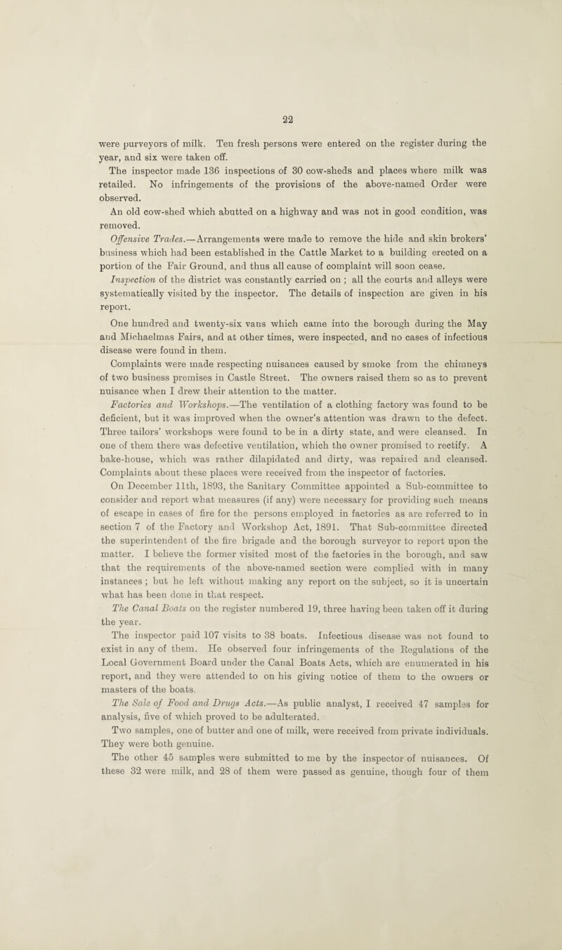 were purveyors of milk. Ten fresh persons were entered on the register during the year, and six were taken off. The inspector made 136 inspections of 30 cow-sheds and places where milk was retailed. No infringements of the provisions of the above-named Order were observed. An old cow-shed which abutted on a highway and was not in good condition, was removed. Offensive Trades.—Arrangements were made to remove the hide and skin brokers’ business which had been established in the Cattle Market to a building erected on a portion of the Fair Ground, and thus all cause of complaint will soon cease. Inspection of the district was constantly carried on ; all the courts and alleys were systematically visited by the inspector. The details of inspection are given in his report. One hundred and twenty-six vans which came into the borough during the May and Michaelmas Fairs, and at other times, were inspected, and no cases of infectious disease were found in them. Complaints were made respecting nuisances caused by smoke from the chimneys of two business premises in Castle Street. The owners raised them so as to prevent nuisance when I drew their attention to the matter. Factories and Workshops.—The ventilation of a clothing factory was found to be deficient, but it was improved when the owner’s attention was drawn to the defect. Three tailors’ workshops were found to be in a dirty state, and were cleansed. In one of them there was defective ventilation, which the owner promised to rectify. A bake-house, which was rather dilapidated and dirty, was repaired and cleansed. Complaints about these places were received from the inspector of factories. On December 11th, 1893, the Sanitary Committee appointed a Sub-committee to consider and report what measures (if any) were necessary for providing such means of escape in cases of fire for the persons employed in factories as are referred to in section 7 of the Factory and Workshop Act, 1891. That Sub-committee directed the superintendent of the fire brigade and the borough surveyor to report upon the matter. I believe the former visited most of the factories in the borough, and saw that the requirements of the above-named section were complied with in many instances ; but he left without making any report on the subject, so it is uncertain what has been done in that respect. The Canal Boats on the register numbered 19, three having been taken off it during the year. The inspector paid 107 visits to 38 boats. Infectious disease was not found to exist in any of them. He observed four infringements of the Regulations of the Local Government Board under the Canal Boats Acts, which are enumerated in his report, and they were attended to on his giving notice of them to the owners or masters of the boats. The Sole of Food and Drugs Acts.—As public analyst, I received 47 samples for analysis, five of which proved to be adulterated. Two samples, one of butter and one of milk, were received from private individuals. They were both genuine. The other 45 samples were submitted to me by the inspector of nuisances. Of these 32 were milk, and 28 of them were passed as genuine, though four of them