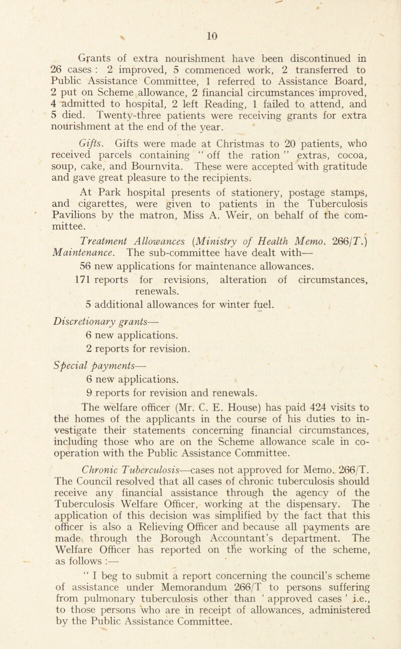 Grants of extra nourishment have been discontinued in 26 cases : 2 improved, 5 commenced work, 2 transferred to Public Assistance Committee, 1 referred to Assistance Board, 2 put on Scheme allowance, 2 financial circumstances improved, 4 admitted to hospital, 2 left Reading, 1 failed to attend, and 5 died. Twenty-three patients were receiving grants for extra nourishment at the end of the year. Gifts. Gifts were made at Christmas to 20 patients, who received parcels containing “ off the ration ” extras, cocoa, soup, cake, and Bournvita. These were accepted with gratitude and gave great pleasure to the recipients. At Park hospital presents of stationery, postage stamps, and cigarettes, were given to patients in the Tuberculosis Pavilions by the matron, Miss A. Weir, on behalf of the com¬ mittee. Treatment Allowances (Ministry of Health Memo. 266/T.) Maintenance. The sub-committee have dealt with— 56 new applications for maintenance allowances. 171 reports for revisions, alteration of circumstances, renewals. 5 additional allowances for winter fuel. Discretionary grants— 6 new applications. 2 reports for revision. Special payments— 6 new applications. 9 reports for revision and renewals. The welfare officer (Mr. C. E. House) has paid 424 visits to the homes of the applicants in the course of his duties to in¬ vestigate their statements concerning financial circumstances, including those who are on the Scheme allowance scale in co¬ operation with the Public Assistance Committee. Chronic Tuberculosis—cases not approved for Memo. 266/T. The Council resolved that all cases of chronic tuberculosis should receive any financial assistance through the agency of the Tuberculosis Welfare Officer, working at the dispensary. The application of this decision was simplified by the fact that this officer is also a Relieving Officer and because all payments are made through the Borough Accountant’s department. The Welfare Officer has reported on the working of the scheme, as follows :— “ I beg to submit a report concerning the council’s scheme of assistance under Memorandum 266/T to persons suffering from pulmonary tuberculosis other than * approved cases ’ i.e., to those persons who are in receipt of allowances, administered by the Public Assistance Committee.