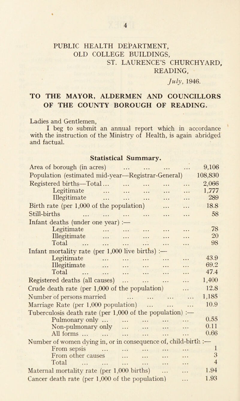 % PUBLIC HEALTH DEPARTMENT, OLD COLLEGE BUILDINGS, ST. LAURENCE’S CHURCHYARD, READING, July, 1946. TO THE MAYOR, ALDERMEN AND COUNCILLORS OF THE COUNTY BOROUGH OF READING. Ladies and Gentlemen, I beg to submit an annual report which in accordance with the instruction of the Ministry of Health, is again abridged and factual. Statistical Summary. Area of borough (in acres) ... ... ... ... 9,106 Population (estimated mid-year—Registrar-General) 108,830 Registered births—Total... ... ... ... ... 2,066 Legitimate ... ... ... ... ... 1,777 Illegitimate ... ... ... ... ... 289 Birth rate (per 1,000 of the population) ... ... 18.8 Still-births ... ... ... ... ... ... 58 Infant deaths (under one year) :— Legitimate ... ... ... ... ... 78 Illegitimate ... ... ... ... ... 20 Total ... ... ... ... ... ... 98 Infant mortality rate (per 1,000 live births) :— Legitimate ... ... ... ... ... 43.9 Illegitimate ... ... ... ... ... 69.2 Total ... ... ... ... ... ... 47.4 Registered deaths (all causes) ... ... ... ... 1,400 Crude death rate (per 1,000 of the population) ... 12.8 Number of persons married ... ... ... ... 1,185 Marriage Rate (per 1,000 population) ... ... ... 10.9 Tuberculosis death rate (per 1,000 of the population) :— Pulmonary only ... ... ... ... ... 0.55 Non-pulmonary only ... ... ... ... 0.11 All forms ... ... ... ... ... ... 0.66 Number of women dying in, or in consequence of, child-birth :— From sepsis ... ... ... ... ... 1 From other causes ... ... ... ... 3 Total 4 Maternal mortality rate (per 1,000 births) ... ... 1.94 Cancer death rate (per 1,000 of the population) ... 1.93