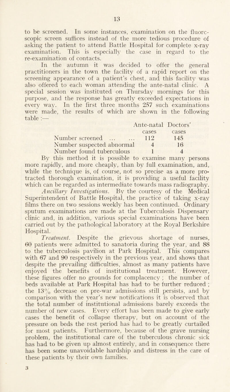 to be screened. In some instances, examination on the fluoro¬ scopic screen suffices instead of the more tedious procedure of asking the patient to attend Battle Hospital for complete x-ray examination. This is especially the case in regard to the re-examination of contacts. In the autumn it was decided to offer the general practitioners in the town the facility of a rapid report on the screening appearance of a patient’s chest, and this facility was also offered to each woman attending the ante-natal clinic. A special session was instituted on Thursday mornings for this purpose, and the response has greatly exceeded expectations in every way. In the first three months 257 such examinations were made, the results of which are shown in the following table :— Ante-natal Doctors’ cases cases Number screened ... ... 112 145 Number suspected abnormal 4 16 Number found tuberculous 1 4 By this method it is possible to examine many persons more rapidly, and more cheaply, than by full examination, and, while the technique is, of course, not so precise as a more pro« tracted thorough examination, it is providing a useful facility which can be regarded as intermediate towards mass radiography. Ancillary Investigations. By the courtesy of the Medical Superintendent of Battle Hospital, the practice of taking x-ray films there on two sessions weekly has been continued. Ordinary sputum examinations are made at the Tuberculosis Dispensary clinic and, in addition, various special examinations have been carried out by the pathological laboratory at the Royal Berkshire Hospital. Treatment. Despite the grievous shortage of nurses, 60 patients were admitted to sanatoria during the year, and 88 to the tuberculosis pavilion at Park Hospital. This compares with 67 and 90 respectively in the previous year, and shows that despite the prevailing difficulties, almost as many patients have enjoyed the benefits of institutional treatment. However, these figures offer no grounds for complacency ; the number of beds available at Park Hospital has had to be further reduced ; the 13% decrease on pre-war admissions still persists, and by comparison with the year’s new notifications it is observed that the total number of institutional admissions barely exceeds the number of new cases. Every effort has been made to give early cases the benefit of collapse therapy, but on account of the pressure on beds the rest period has had to be greatly curtailed for most patients. Furthermore, because of the grave nursing problem, the institutional care of the tuberculous chronic sick has had to be given up almost entirely, and in consequence there has been some unavoidable hardship and distress in the care of these patients by their own families. 3