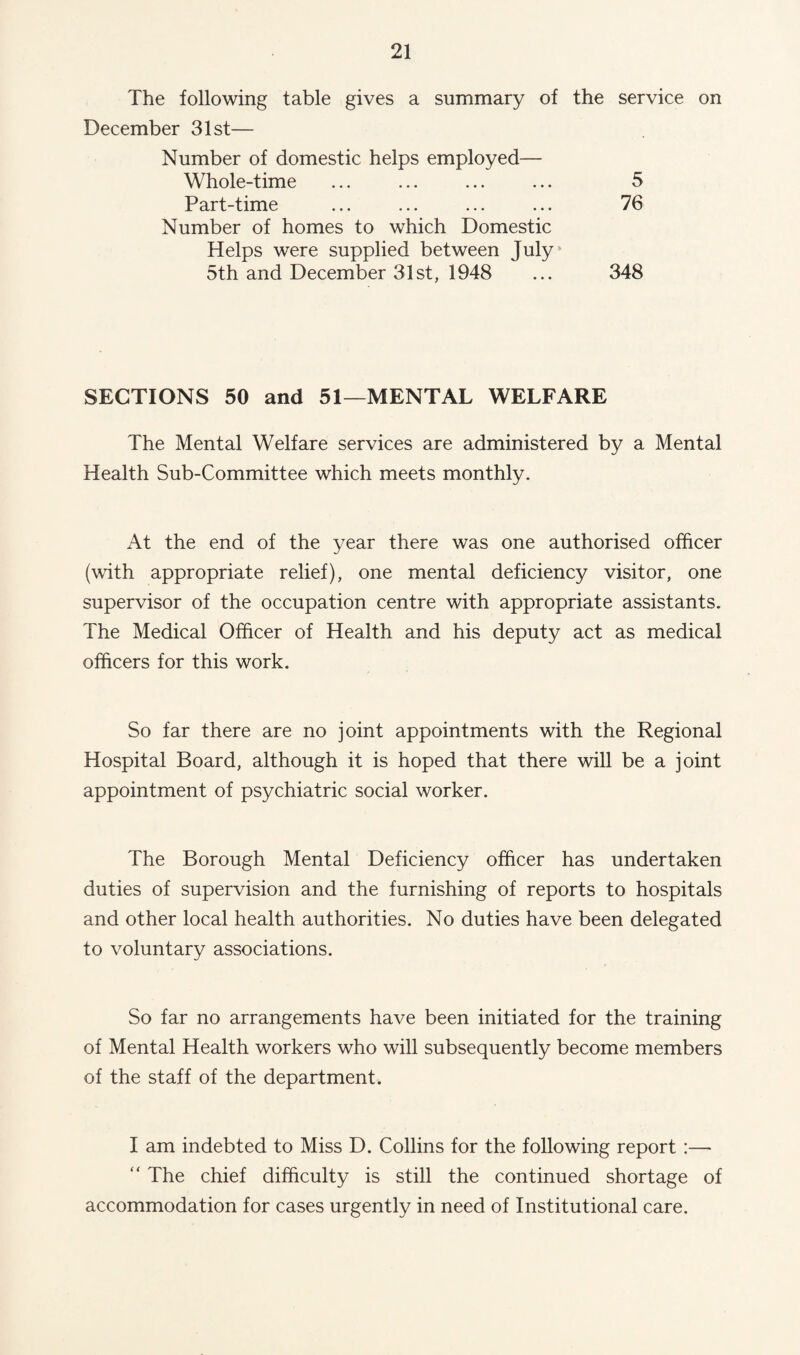 The following table gives a summary of the service on December 31st— Number of domestic helps employed— Whole-time ... ... ... ... 5 Part-time ... ... ... ... 76 Number of homes to which Domestic Helps were supplied between July 5th and December 31st, 1948 ... 348 SECTIONS 50 and 51—MENTAL WELFARE The Mental Welfare services are administered by a Mental Health Sub-Committee which meets monthly. At the end of the year there was one authorised officer (with appropriate relief), one mental deficiency visitor, one supervisor of the occupation centre with appropriate assistants. The Medical Officer of Health and his deputy act as medical officers for this work. So far there are no joint appointments with the Regional Hospital Board, although it is hoped that there will be a joint appointment of psychiatric social worker. The Borough Mental Deficiency officer has undertaken duties of supervision and the furnishing of reports to hospitals and other local health authorities. No duties have been delegated to voluntary associations. So far no arrangements have been initiated for the training of Mental Health workers who will subsequently become members of the staff of the department. I am indebted to Miss D. Collins for the following report :— “ The chief difficulty is still the continued shortage of accommodation for cases urgently in need of Institutional care.