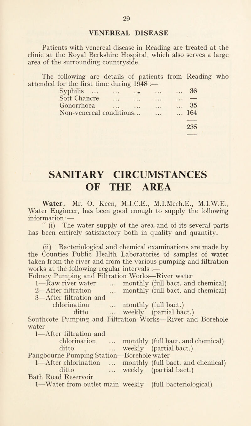 VENEREAL DISEASE Patients with venereal disease in Reading are treated at th6 clinic at the Royal Berkshire Hospital, which also serves a large area of the surrounding countryside. The following are details of patients from Reading who attended for the first time during 1948 :— Syphilis ... ... ..» ... ... 36 Soft Chancre ... ... ... ... — Gonorrhoea ... ... ... ... 35 Non-venereal conditions... ... ... 164 235 SANITARY CIRCUMSTANCES OF THE AREA Water. Mr. O. Keen, M.I.C.E., M.I.Mech.E., M.I.W.E., Water Engineer, has been good enough to supply the following information:— “ (i) The water supply of the area and of its several parts has been entirely satisfactory both in quality and quantity. (ii) Bacteriological and chemical examinations are made by the Counties Public Health Laboratories of samples of water taken from the river and from the various pumping and filtration works at the following regular intervals :— Fobney Pumping and Filtration Works—River water 1— Raw river water ... monthly (full bact. and chemical) 2— After filtration ... monthly (full bact. and chemical) 3— After filtration and chlorination ... monthly (full bact.) ditto ... weekly (partial bact.) Southcote Pumping and Filtration Works—River and Borehole water 1—After filtration and chlorination ... monthly (full bact. and chemical) ditto . ... weekly (partial bact.) Pangbourne Pumping Station—Borehole water 1—After chlorination ... monthly (full bact. and chemical) ditto ... weekly (partial bact.) Bath Road Reservoir 1—Water from outlet main weekly (full bacteriological)