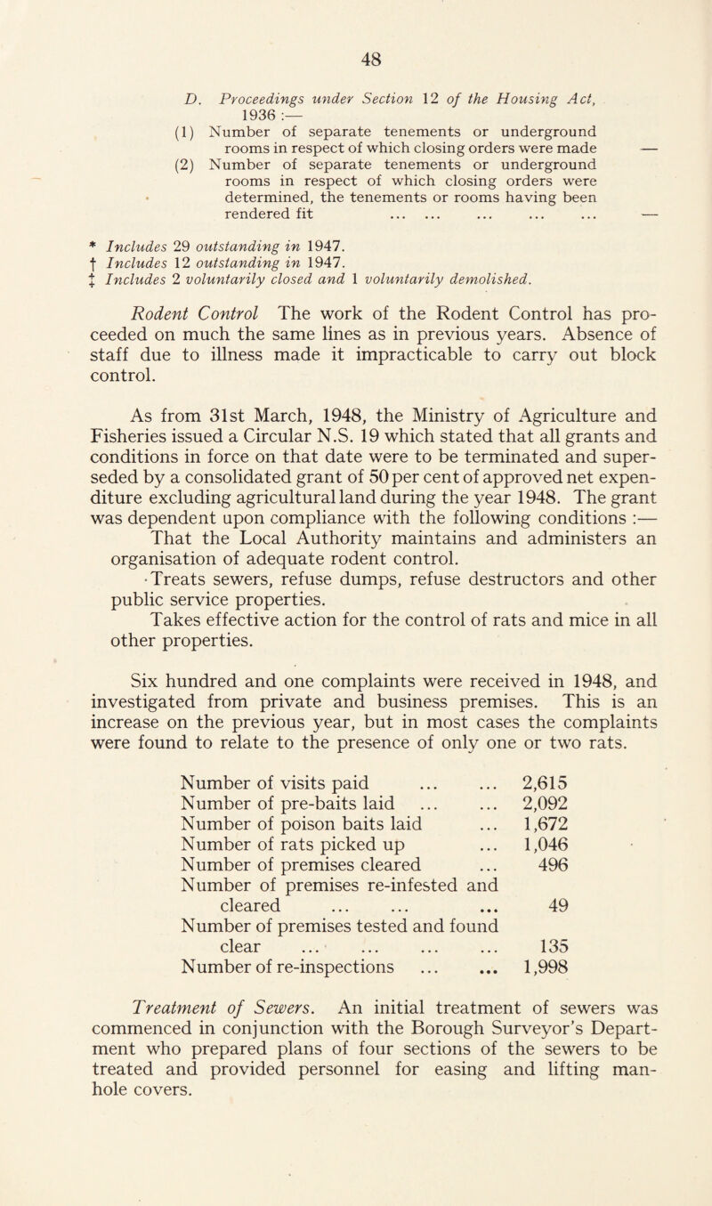 D. Proceedings under Section 12 of the Housing Act, 1936 :— (1) Number of separate tenements or underground rooms in respect of which closing orders were made — (2) Number of separate tenements or underground rooms in respect of which closing orders were determined, the tenements or rooms having been rendered fit . ... ... ... — * Includes 29 outstanding in 1947. t Includes 12 outstanding in 1947. % Includes 2 voluntarily closed and 1 voluntarily demolished. Rodent Control The work of the Rodent Control has pro¬ ceeded on much the same lines as in previous years. Absence of staff due to illness made it impracticable to carry out block control. As from 31st March, 1948, the Ministry of Agriculture and Fisheries issued a Circular N.S. 19 which stated that all grants and conditions in force on that date were to be terminated and super¬ seded by a consolidated grant of 50 per cent of approved net expen¬ diture excluding agricultural land during the year 1948. The grant was dependent upon compliance with the following conditions :— That the Local Authority maintains and administers an organisation of adequate rodent control. •Treats sewers, refuse dumps, refuse destructors and other public service properties. Takes effective action for the control of rats and mice in all other properties. Six hundred and one complaints were received in 1948, and investigated from private and business premises. This is an increase on the previous year, but in most cases the complaints were found to relate to the presence of only one or two rats. Number of visits paid 2,615 Number of pre-baits laid 2,092 Number of poison baits laid 1,672 Number of rats picked up 1,046 Number of premises cleared 496 Number of premises re-infested and cleared 49 Number of premises tested and found clear _ — _ 135 Number of re-inspections . 1,998 Treatment of Sewers. An initial treatment of sewers was commenced in conjunction with the Borough Surveyor’s Depart¬ ment who prepared plans of four sections of the sewers to be treated and provided personnel for easing and lifting man¬ hole covers.