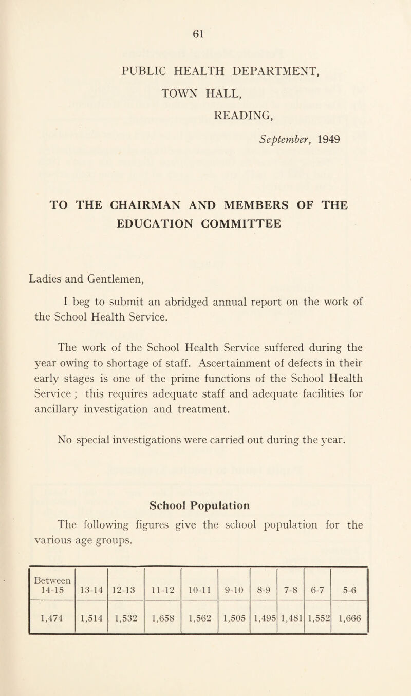 PUBLIC HEALTH DEPARTMENT, TOWN HALL, READING, September, 1949 TO THE CHAIRMAN AND MEMBERS OF THE EDUCATION COMMITTEE Ladies and Gentlemen, I beg to submit an abridged annual report on the work of the School Health Service. The work of the School Health Service suffered during the year owing to shortage of staff. Ascertainment of defects in their early stages is one of the prime functions of the School Health Service ; this requires adequate staff and adequate facilities for ancillary investigation and treatment. No special investigations were carried out during the year. School Population The following figures give the school population for the various age groups. Between 14-15 13-14 12-13 11-12 10-11 9-10 8-9 7-8 6-7 5-6 1,474 1,514 1,532 1,658 1,562 1,505 1,495 1,481 1,552 1,666