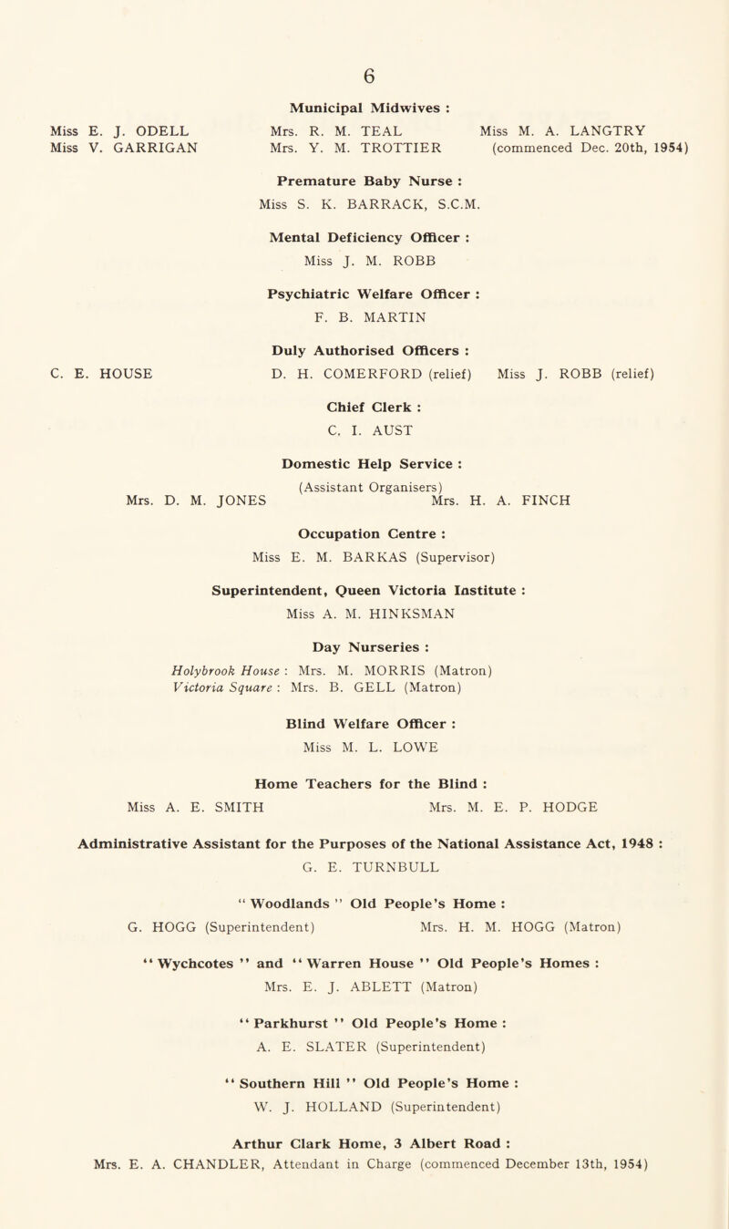 Municipal Midwives : Mrs. R. M. TEAL Miss M. A. LANGTRY Mrs. Y. M. TROTTIER (commenced Dec. 20th, 1954) Premature Baby Nurse : Miss S. K. BARRACK, S.C.M. Mental Deficiency Officer : Miss J. M. ROBB Psychiatric Welfare Officer : F. B. MARTIN Duly Authorised Officers : D. H. COMERFORD (relief) Miss J. ROBB (relief) Chief Clerk : C. I. AUST Domestic Help Service : (Assistant Organisers) Mrs. D. M. JONES Mrs. H. A. FINCH Occupation Centre : Miss E. M. BARKAS (Supervisor) Superintendent, Queen Victoria Institute : Miss A. M. HINKSMAN Day Nurseries : Holybrook House : Mrs. M. MORRIS (Matron) Victoria Square : Mrs. B. GELL (Matron) Blind Welfare Officer : Miss M. L. LOWE Home Teachers for the Blind : Miss A. E. SMITH Mrs. M. E. P. HODGE Administrative Assistant for the Purposes of the National Assistance Act, 1948 : G. E. TURNBULL Miss E. J. ODELL Miss V. GARRIGAN C. E. HOUSE “ Woodlands ” Old People’s Home : G. HOGG (Superintendent) Mrs. H. M. HOGG (Matron) “ Wychcotes ’’ and “Warren House ’’ Old People’s Homes : Mrs. E. J. ABLETT (Matron) “ Parkhurst ’’ Old People’s Home : A. E. SLATER (Superintendent) “ Southern Hill ” Old People’s Home : W. J. HOLLAND (Superintendent) Arthur Clark Home, 3 Albert Road : Mrs. E. A. CHANDLER, Attendant in Charge (commenced December 13th, 1954)