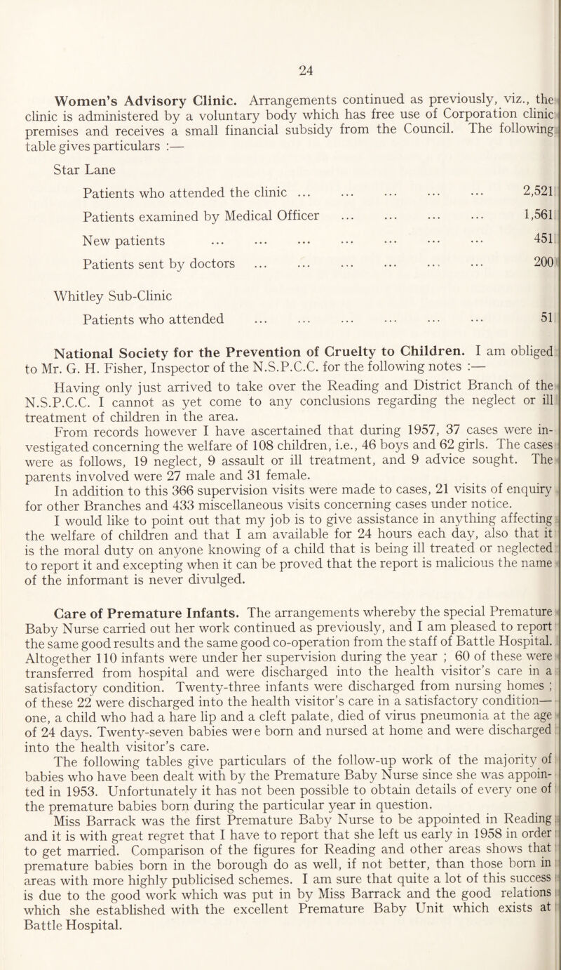 Women’s Advisory Clinic. Arrangements continued as previously, viz., the; clinic is administered by a voluntary body which has free use of Corporation clinic premises and receives a small financial subsidy from the Council. The following; table gives particulars :— Star Lane Patients who attended the clinic ... Patients examined by Medical Officer New patients Patients sent by doctors 2,521! 1,561! 451! 200 Whitley Sub-Clinic Patients who attended 51 National Society for the Prevention of Cruelty to Children. I am obliged to Mr. G. H. Fisher, Inspector of the N.S.P.C.C. for the following notes Having only just arrived to take over the Reading and District Branch of the N.S.P.C.C. I cannot as yet come to any conclusions regarding the neglect or ill treatment of children in the area. From records however I have ascertained that during 1957, 37 cases were in¬ vestigated concerning the welfare of 108 children, i.e., 46 boys and 62 girls. The cases were as follows, 19 neglect, 9 assault or ill treatment, and 9 advice sought. The parents involved were 27 male and 31 female. In addition to this 366 supervision visits were made to cases, 21 visits of enquiry for other Branches and 433 miscellaneous visits concerning cases under notice. I would like to point out that my job is to give assistance in anything affecting the welfare of children and that I am available for 24 hours each day, also that it is the moral duty on anyone knowing of a child that is being ill treated or neglected to report it and excepting when it can be proved that the report is malicious the name of the informant is never divulged. Care of Premature Infants. The arrangements whereby the special Premature Baby Nurse carried out her work continued as previously, and I am pleased to report the same good results and the same good co-operation from the staff of Battle Hospital. Altogether 110 infants were under her supervision during the year ; 60 of these were transferred from hospital and were discharged into the health visitor's care in a satisfactory condition. Twenty-three infants were discharged from nursing homes ; of these 22 were discharged into the health visitor’s care in a satisfactory condition- one, a child who had a hare lip and a cleft palate, died of virus pneumonia at the age of 24 days. Twenty-seven babies weie born and nursed at home and were discharged into the health visitor’s care. The following tables give particulars of the follow-up work of the majority of babies who have been dealt with by the Premature Baby Nurse since she was appoin¬ ted in 1953. Unfortunately it has not been possible to obtain details of every one of the premature babies born during the particular year in question. Miss Barrack was the first Premature Baby Nurse to be appointed in Reading; and it is with great regret that I have to report that she left us early in 1958 in order to get married. Comparison of the figures for Reading and other areas shows that premature babies born in the borough do as well, if not better, than those born in areas with more highly publicised schemes. I am sure that quite a lot of this success is due to the good work which was put in by Miss Barrack and the good relations which she established with the excellent Premature Baby Unit which exists at Battle Hospital.