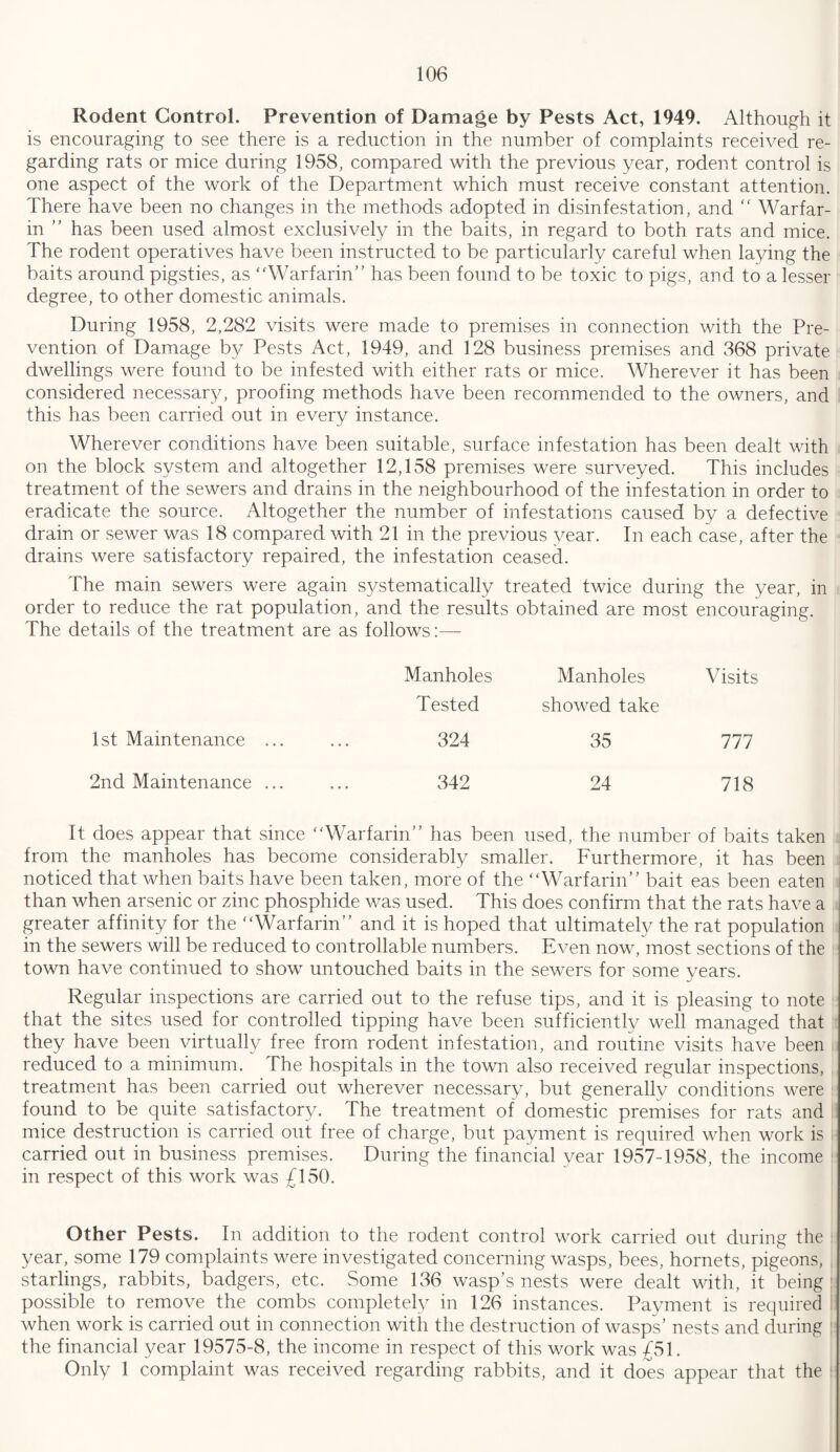 Rodent Control. Prevention of Damage by Pests Act, 1949. Although it is encouraging to see there is a reduction in the number of complaints received re¬ garding rats or mice during 1958, compared with the previous year, rodent control is one aspect of the work of the Department which must receive constant attention. There have been no changes in the methods adopted in disinfestation, and “ Warfar¬ in ” has been used almost exclusively in the baits, in regard to both rats and mice. The rodent operatives have been instructed to be particularly careful when laying the baits around pigsties, as “Warfarin” has been found to be toxic to pigs, and to a lesser degree, to other domestic animals. During 1958, 2,282 visits were made to premises in connection with the Pre¬ vention of Damage by Pests Act, 1949, and 128 business premises and 368 private dwellings were found to be infested with either rats or mice. Wherever it has been considered necessary, proofing methods have been recommended to the owners, and this has been carried out in every instance. Wherever conditions have been suitable, surface infestation has been dealt with on the block system and altogether 12,158 premises were surveyed. This includes treatment of the sewers and drains in the neighbourhood of the infestation in order to eradicate the source. Altogether the number of infestations caused by a defective drain or sewer was 18 compared with 21 in the previous year. In each case, after the drains were satisfactory repaired, the infestation ceased. The main sewers were again systematically treated twice during the year, in order to reduce the rat population, and the results obtained are most encouraging. The details of the treatment are as follows:— Manholes Manholes Visits Tested showed take 1st Maintenance ... 324 35 777 2nd Maintenance ... 342 24 718 It does appear that since “Warfarin” has been used, the number of baits taken from the manholes has become considerably smaller. Furthermore, it has been noticed that when baits have been taken, more of the “Warfarin” bait eas been eaten than when arsenic or zinc phosphide was used. This does confirm that the rats have a greater affinity for the “Warfarin” and it is hoped that ultimately the rat population in the sewers will be reduced to controllable numbers. Even now, most sections of the town have continued to show untouched baits in the sewers for some vears. v/ Regular inspections are carried out to the refuse tips, and it is pleasing to note that the sites used for controlled tipping have been sufficiently well managed that they have been virtually free from rodent infestation, and routine visits have been reduced to a minimum. The hospitals in the town also received regular inspections, treatment has been carried out wherever necessary, but generally conditions were found to be quite satisfactory. The treatment of domestic premises for rats and mice destruction is carried out free of charge, but payment is required when work is carried out in business premises. During the financial year 1957-1958, the income in respect of this work was £150. Other Pests. In addition to the rodent control work carried out during the year, some 179 complaints were investigated concerning wasps, bees, hornets, pigeons, starlings, rabbits, badgers, etc. Some 136 wasp’s nests were dealt with, it being possible to remove the combs completely in 126 instances. Payment is required when work is carried out in connection with the destruction of wasps’ nests and during the financial year 19575-8, the income in respect of this work was £51. Only 1 complaint was received regarding rabbits, and it does appear that the