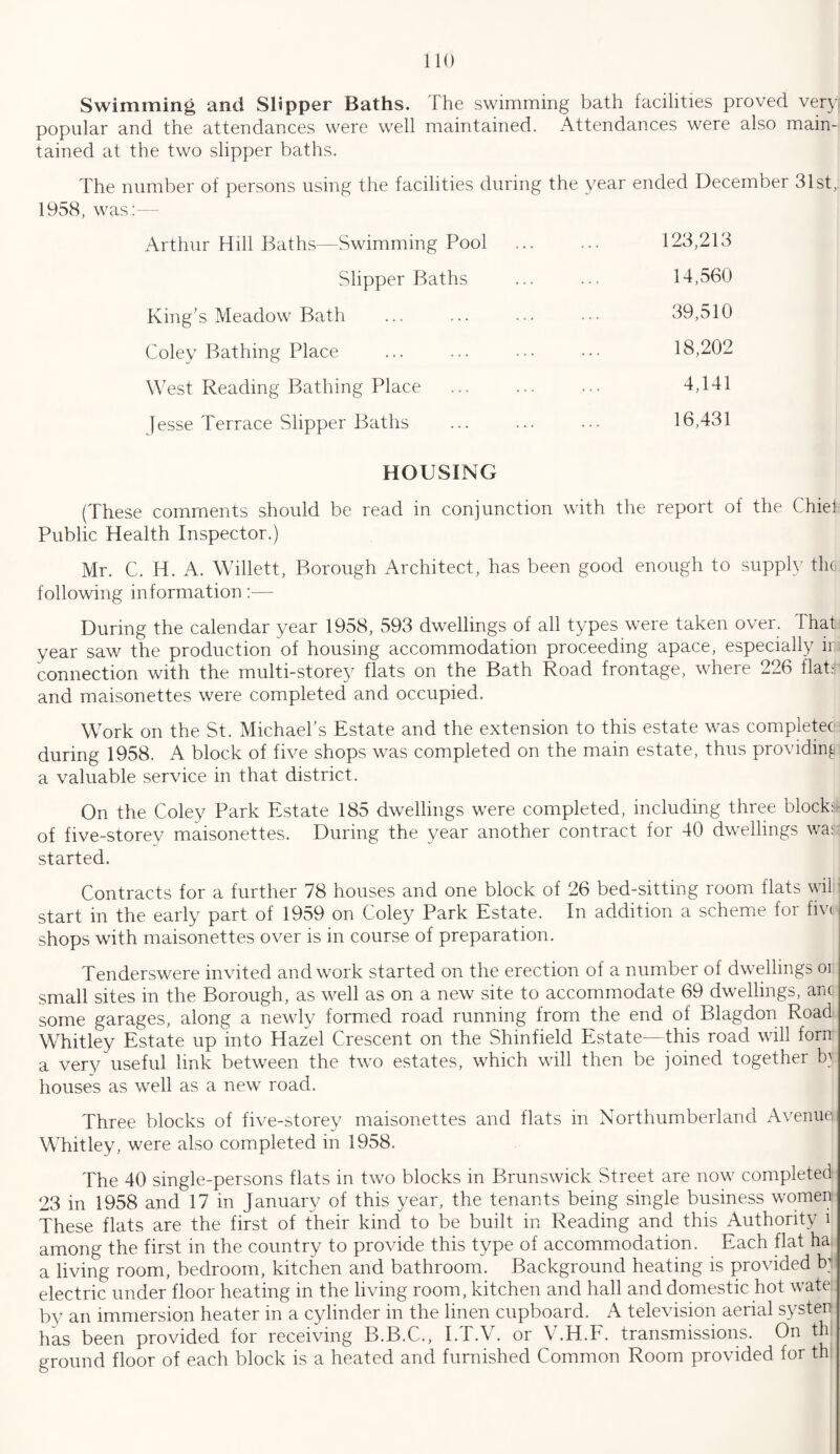 Swimming and Slipper Baths. The swimming bath facilities proved very, popular and the attendances were well maintained. Attendances were also main¬ tained at the two slipper baths. The number of persons using the facilities during the year ended December 31st, 1958, was:— Arthur Hill Baths—Swimming Pool 123,213 Slipper Baths 14,560 King’s Meadow Bath 39,510 Coley Bathing Place 18,202 West Reading Bathing Place . 4,141 Jesse Terrace Slipper Baths 16,431 HOUSING (These comments should be read in conjunction with the report of the Chief Public Health Inspector.) Mr. C. IT. A. Willett, Borough Architect, has been good enough to supply the following information:— During the calendar year 1958, 593 dwellings of all types were taken over. That year saw the production of housing accommodation proceeding apace, especially ir connection with the multi-storey flats on the Bath Road frontage, where 226 flab and maisonettes were completed and occupied. Work on the St. Michael’s Estate and the extension to this estate was completed during 1958. A block of five shops was completed on the main estate, thus providing a valuable service in that district. On the Coley Park Estate 185 dwellings were completed, including three block:- of five-storey maisonettes. During the year another contract for 40 dwellings wa: started. Contracts for a further 78 houses and one block of 26 bed-sitting room flats wil start in the early part of 1959 on Coley Park Estate. In addition a scheme for five shops with maisonettes over is in course of preparation. Tenderswere invited and work started on the erection of a number of dwellings oi small sites in the Borough, as well as on a new site to accommodate 69 dwellings, anc some garages, along a newly formed road running from the end of Blagdon Road Whitley Estate up into Hazel Crescent on the Shinfield Estate—this road will forn a very useful link between the two estates, which will then be joined together b\' houses as well as a new road. Three blocks of five-storey maisonettes and flats in Northumberland Avenuei Whitley, were also completed in 1958. The 40 single-persons flats in two blocks in Brunswick Street are now completed 23 in 1958 and 17 in January of this year, the tenants being single business women These flats are the first of their kind to be built in Reading and this Authority i among the first in the country to provide this type of accommodation. Each flat ha, a living room, bedroom, kitchen and bathroom. Background heating is provided bil electric under floor heating in the living room, kitchen and hall and domestic hot water by an immersion heater in a cylinder in the linen cupboard. A television aerial system has been provided for receiving B.B.C., I.T.V. or V.H.F. transmissions. On th ground floor of each block is a heated and furnished Common Room provided for th