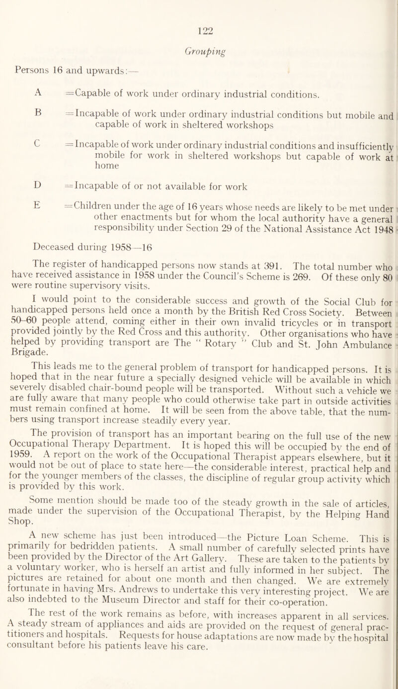 Grouping Persons 16 and upwards:— A = Capable of work under ordinary industrial conditions. B = Incapable of work under ordinary industrial conditions but mobile and capable of work in sheltered workshops C = Incapable of work under ordinary industrial conditions and insufficiently mobile for work in sheltered workshops but capable of work at home D = Incapable of or not available for work E = Children under the age of 16 years whose needs are likely to be met under other enactments but for whom the local authority have a general responsibility under Section 29 of the National Assistance Act 1948 Deceased during 1958—16 The register of handicapped persons now stands at 391. The total number who have received assistance in 1958 under the Council’s Scheme is 269. Of these only 80 were routine supervisory visits. I would point to the considerable success and growth of the Social Club for handicapped persons held once a month by the British Red Cross Society. Between 50-60 people attend, coming either in their own invalid tricycles or in transport provided jointly by the Red Cross and this authority. Other organisations who have helped by providing transport are The Rotary ” Club and St. John Ambulance Brigade. This leads me to the general problem of transport for handicapped persons. It is hoped that in the near future a specially designed vehicle will be available in which severely disabled chair-bound people will be transported. Without such a vehicle we are fully aware that many people who could otherwise take part in outside activities must remain confined at home. It will be seen from the above table, that the num¬ bers using transport increase steadily every year. The provision of transport has an important bearing on the full use of the new Occupational Therapy Department. It is hoped this will be occupied by the end of 1959. A report on the work of the Occupational therapist appears elsewhere, but it would not be out of place to state here—the considerable interest, practical help and for the younger members of the classes, the discipline of regular group activity which is provided by this work. Some mention should be made too of the steady growth in the sale of articles, made under the supervision of the Occupational Therapist, by the Helping Hand Shop. A new scheme has just been introduced—the Picture Loan Scheme. This is primarily foi bedridden patients. A small number of carefully selected prints have been provided by the Director of the Art Gallery. These are taken to the patients by a voluntary worker, who is herself an artist and fully informed in her subject. The pictures aie letamed foi about one month and then changed. We are extremely fortunate in having Mrs. Andrews to undertake this very interesting project. We are also indebted to the Museum Director and staff for their co-operation. The rest of the work remains as before, with increases apparent in all services. ^ steadY stream of appliances and aids are provided on the request of general prac¬ titioners and hospitals. Requests for house adaptations are now made by the hospital consultant before his patients leave his care.