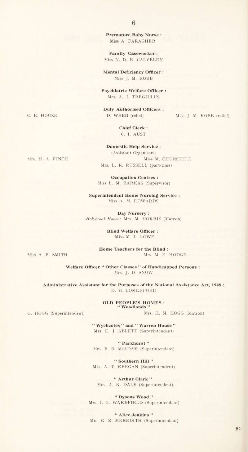 Premature Baby Nurse : Miss A. FARAGHER Family Caseworker : Miss N. D. R. CALVELEY Mental Deficiency Officer : Miss J. M. ROBB Psychiatric Welfare Officer : Mrs. A. J. TREGILLUS Duly Authorised Officers : C. E. HOUSE D. WEBB (relief) Miss J. M. ROBB (relief) Chief Clerk : C. I. AUST Domestic Help Service : (Assistant Organisers) Mrs. H. A. FINCH Miss M. CHURCHILL Mrs, L. R. RUSSELL (part-time) Occupation Centres : Miss E. M. BARKAS (Supervisor) Superintendent Home Nursing Service ; Miss A. M. EDWARDS Day Nursery : Holybrook House: Mrs, M. MORRIS (Matron) Blind Welfare Officer : Miss M. L. LOWE Miss A. E. SMITH Home Teachers for the Blind : Mrs. M. E. HODGE Welfare Officer “ Other Classes ” of Handicapped Persons : Mrs. J. D. SNOW Administrative Assistant for the Purposes of the National Assistance Act, 1948 : D. H. COMERFORD OLD PEOPLE’S HOMES : “ Woodlands ” G. HOGG (Superintendent) Mrs. H. M. HOGG (Matron) “ Wychcotes ” and “ Warren House ” Mrs. E. J. ABLETT (Superintendent) “ Parkhurst ” Mrs. F. B. McADAM (Superintendent) “ Southern Hill ” Miss A. T. KEEGAN (Superintendent) “ Arthur Clark ” Mrs. A. K. DALE (Superintendent) “ Dysons Wood ” Mrs. I. G. WAKEFIELD (Superintendent) “ Alice Jenkins ” Mrs. G. R. MEREDITH (Superintendent) B2