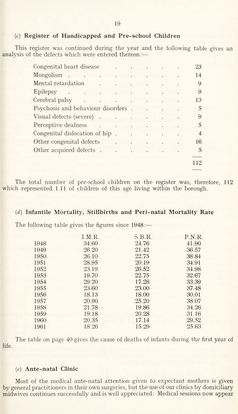 (c) Register of Handicapped and Pre-school Children This register was continued during the year and the following table gives an analysis of the defects which were entered thereon:— Congenital heart disease ..... 23 Mongolism ........ 14 Mental retardation ...... 9 Epilepsy ........ 9 Cerebral palsy ....... 13 Psychosis and behaviour disorders .... 5 Visual defects (severe) ...... 9 Perceptive deafness ...... 5 Congenital dislocation of hip ..... 4 Other congenital defects ..... 16 Other acquired defects ...... 5 112 The total number of pre-school children on the register was, therefore, 112 which represented 1.11 of children of this age living within the borough. (d) Infantile Mortality, Stillbirths and Peri-natal Mortality Rate The following table gives the figures since 1948:— I.M.R. S.B.R. P.N.R. 1948 34.60 24.76 41.90 1949 26.20 21.42 36.57 1950 26.10 22.75 38.84 1951 28.95 20.19 34.91 1952 23.19 26.52 34.98 1953 19.70 22.75 32.67 1954 29.20 17.28 33.39 1955 23.60 23.00 37.48 1956 18.13 18.00 30.01 1957 20.90 25.20 38.07 1958 21.78 19.86 34.26 1959 19.18 20.28 31.16 1960 20.35 17.14 29.52 1961 18.26 15.29 25.63 The table on page 40 gives the cause of deaths of infants during the first year of life. (e) Ante-natal Clinic Most of the medical ante-natal attention given to expectant mothers is given by general practitioners in their own surgeries, but the use of our clinics by domiciliary midwives continues successfully and is well appreciated. Medical sessions now appear