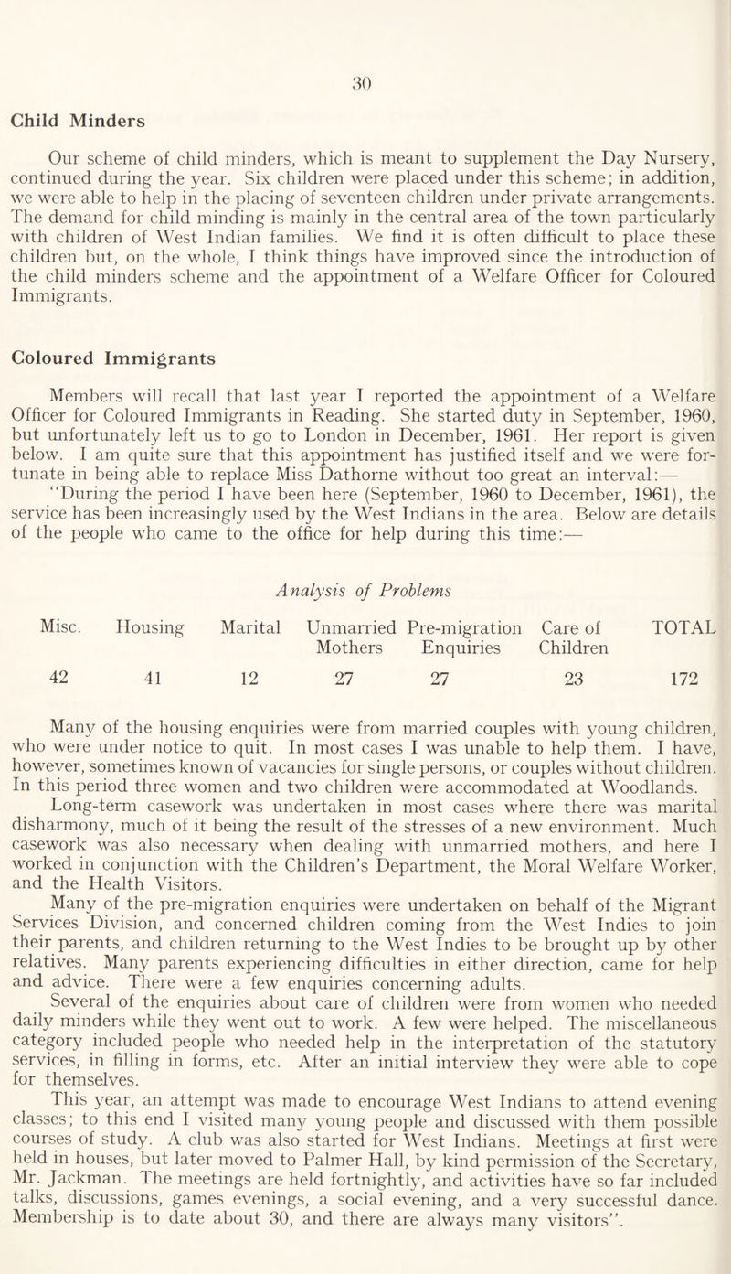 Child Minders Our scheme of child minders, which is meant to supplement the Day Nursery, continued during the year. Six children were placed under this scheme; in addition, we were able to help in the placing of seventeen children under private arrangements. The demand for child minding is mainly in the central area of the town particularly with children of West Indian families. We find it is often difficult to place these children but, on the whole, I think things have improved since the introduction of the child minders scheme and the appointment of a Welfare Officer for Coloured Immigrants. Coloured Immigrants Members will recall that last year I reported the appointment of a Welfare Officer for Coloured Immigrants in Reading. She started duty in September, 1960, but unfortunately left us to go to London in December, 1961. Her report is given below. I am quite sure that this appointment has justified itself and we were for¬ tunate in being able to replace Miss Dathorne without too great an interval:— “During the period I have been here (September, 1960 to December, 1961), the service has been increasingly used by the West Indians in the area. Below are details of the people who came to the office for help during this time:— Analysis of Problems Misc. Housing Marital Unmarried Mothers Pre-migration Enquiries Care of Children TOTAL 42 41 12 27 27 23 172 Many of the housing enquiries were from married couples with young children, who were under notice to quit. In most cases I was unable to help them. I have, however, sometimes known of vacancies for single persons, or couples without children. In this period three women and two children were accommodated at Woodlands. Long-term casework was undertaken in most cases where there was marital disharmony, much of it being the result of the stresses of a new environment. Much casework was also necessary when dealing with unmarried mothers, and here I worked in conjunction with the Children’s Department, the Moral Welfare Worker, and the Health Visitors. Many of the pre-migration enquiries were undertaken on behalf of the Migrant Services Division, and concerned children coming from the West Indies to join their parents, and children returning to the West Indies to be brought up by other relatives. Many parents experiencing difficulties in either direction, came for help and advice. There were a few enquiries concerning adults. Several of the enquiries about care of children were from women who needed daily minders while they went out to work. A few were helped. The miscellaneous category included people who needed help in the interpretation of the statutory services, in filling in forms, etc. After an initial interview they were able to cope for themselves. This year, an attempt was made to encourage West Indians to attend evening classes; to this end I visited many young people and discussed with them possible courses of study. A club was also started for West Indians. Meetings at first were held in houses, but later moved to Palmer Hall, by kind permission of the Secretary, Mr. Jackman. The meetings are held fortnightly, and activities have so far included talks, discussions, games evenings, a social evening, and a very successful dance. Membership is to date about 30, and there are always many visitors”.