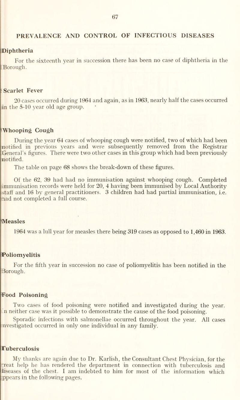 PREVALENCE AND CONTROL OF INFECTIOUS DISEASES Diphtheria For the sixteenth year in succession there has been no case of diphtheria in the Borough. Scarlet Fever 20 cases occurred during 1964 and again, as in 1963, nearly half the cases occurred in the 5-10 year old age group. Whooping Cough During the year 64 cases of whooping cough were notified, two of which had been notified in previous years and were subsequently removed from the Registrar General’s figures. There were two other cases in this group which had been previously notified. The table on page 68 shows the break-down of these figures. Of the 62, 39 had had no immunisation against whooping cough. Completed immunisation records were held for 20, 4 having been immunised by Local Authority staff and 16 by general practitioners. 3 children had had partial immunisation, i.e. nad not completed a full course. Measles 1964 was a lull year for measles there being 319 cases as opposed to 1,460 in 1963. Poliomyelitis For the fifth year in succession no case of poliomyelitis has been notified in the Borough. Food Poisoning Two cases of food poisoning were notified and investigated during the year, n neither case was it possible to demonstrate the cause of the food poisoning. Sporadic infections with salmonellae occurred throughout the year. All cases nvestigated occurred in only one individual in any family. ruberculosis My thanks are again due to Dr. Karlish, the Consultant Chest Physician, for the Treat help he has rendered the department in connection with tuberculosis and iliseases of the chest. I am indebted to him for most of the information which ppears in the following pages.