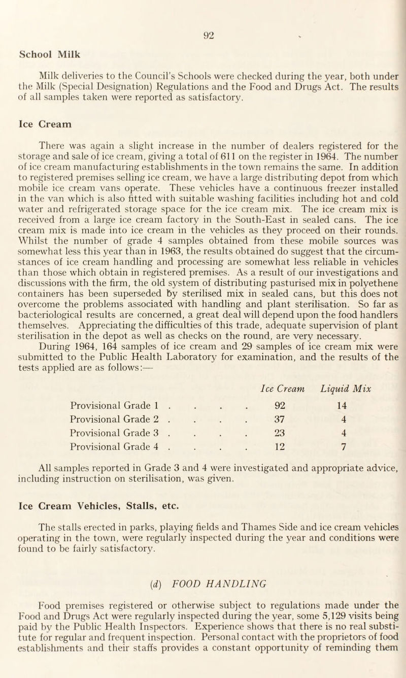 School Milk Milk deliveries to the Council’s Schools were checked during the year, both under the Milk (Special Designation) Regulations and the Food and Drugs Act. The results of all samples taken were reported as satisfactory. Ice Cream There was again a slight increase in the number of dealers registered for the storage and sale of ice cream, giving a total of 611 on the register in 1964. The number of ice cream manufacturing establishments in the town remains the same. In addition to registered premises selling ice cream, we have a large distributing depot from which mobile ice cream vans operate. These vehicles have a continuous freezer installed in the van which is also fitted with suitable washing facilities including hot and cold water and refrigerated storage space for the ice cream mix. The ice cream mix is received from a large ice cream factory in the South-East in sealed cans. The ice cream mix is made into ice cream in the vehicles as they proceed on their rounds. Whilst the number of grade 4 samples obtained from these mobile sources was somewhat less this year than in 1963, the results obtained do suggest that the circum¬ stances of ice cream handling and processing are somewhat less reliable in vehicles than those which obtain in registered premises. As a result of our investigations and discussions with the firm, the old system of distributing pasturised mix in polyethene containers has been superseded by sterilised mix in sealed cans, but this does not overcome the problems associated with handling and plant sterilisation. So far as bacteriological results are concerned, a great deal will depend upon the food handlers themselves. Appreciating the difficulties of this trade, adequate supervision of plant sterilisation in the depot as well as checks on the round, are very necessary. During 1964, 164 samples of ice cream and 29 samples of ice cream mix were submitted to the Public Health Laboratory for examination, and the results of the tests applied are as follows:— Ice Cream Liquid Mix Provisional Grade 1 . 92 14 Provisional Grade 2 . 37 4 Provisional Grade 3 . 23 4 Provisional Grade 4 . 12 7 All samples reported in Grade 3 and 4 were investigated and appropriate advice, including instruction on sterilisation, was given. Ice Cream Vehicles, Stalls, etc. The stalls erected in parks, playing fields and Thames Side and ice cream vehicles operating in the town, were regularly inspected during the year and conditions were found to be fairly satisfactory. {d) FOOD HANDLING Food premises registered or otherwise subject to regulations made under the Food and Drugs Act were regularly inspected during the year, some 5,129 visits being paid by the Public Health Inspectors. Experience shows that there is no real substi¬ tute for regular and frequent inspection. Personal contact with the proprietors of food establishments and their staffs provides a constant opportunity of reminding them