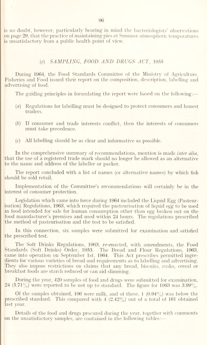 is no doubt, however, particularly bearing in mind the bacteriologists’ observations on page 29, that the practice of maintaining pies at Summer atmospheric temperatures is unsatisfactory from a public health point of view. (e) SAMPLING, FOOD AND DRUGS ACT, 1955 During 1964, the Food Standards Committee of the Ministry of Agriculture, Fisheries and Food issued their report on the composition, description, labelling and advertising of food. The guiding principles in formulating the report were based on the following:— (a) Regulations for labelling must be designed to protect consumers and honest traders. (b) If consumer and trade interests conflict, then the interests of consumers must take precedence. (c) All labelling should be as clear and informative as possible. In the comprehensive summary of recommendations, mention is made inter alia, that the use of a registered trade mark should no longer be allowed as an alternative to the name and address of the labeller or packer. The report concluded with a list of names (or alternative names) by which fish should be sold retail. Implementation of the Committee’s recommendations will certainly be in the interest of consumer protection. Legislation which came into force during 1964 included the Liquid Egg (Pasteur¬ isation) Regulations, 1963, which required the pasteurisation of liquid egg to be used in food intended for sale for human consumption other than egg broken out on the food manufacturer’s premises and used within 24 hours. The regulations prescribed the method of pasteurisation and the test to be satisfied. In this connection, six samples were submitted for examination and satisfied the prescribed test. The Soft Drinks Regulations, 1963, re-enacted, with amendments, the Food Standards (Soft Drinks) Order, 1953. The Bread and Flour Regulations, 1963, came into operation on September 1st, 1964. This Act prescribes permitted ingre¬ dients for various varieties of bread and requirements as to labelling and advertising. They also impose restrictions on claims that any bread, biscuits, rusks, cereal or breakfast foods are starch reduced or can aid slimming. During the year, 420 samples of food and drugs were submitted for examination, 24 (5.71%) were reported to be not up to standard. The figure for 1963 was 3.99° 0. Of the samples obtained, 106 were milk, and of these, 1 (0.94%) was below the prescribed standard. This compared with 4 (2.42%) out of a total of 161 obtained last year. Details of the food and drugs procured during the year, together with comments on the unsatisfactory samples, arc contained in the following tables:—