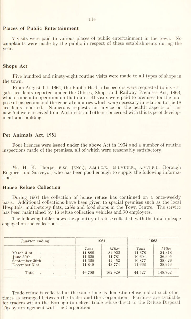 Places of Public Entertainment 7 visits were paid to various places of public entertainment in the town. No complaints were made by the public in respect of these establishments during the year. Shops Act Five hundred and ninety-eight routine visits were made to all types of shops in the town. From August 1st, 1964, the Public Health Inspectors were requested to investi¬ gate accidents reported under the Offices, Shops and Railway Premises Act, 1966, which came into operation on that date. 41 visits were paid to premises for the pur¬ pose of inspection and the general enquiries which were necessary in relation to the 18 accidents reported. Numerous requests for advice on the health aspects of this new Act were received from Architects and others concerned with this type of develop¬ ment and building. Pet Animals Act, 1951 Four licences were issued under the above Act in 1964 and a number of routine inspections made of the premises, all of which were reasonably satisfactory. Mr. H. K. Thorpe, b.sc. (eng.), a.m.i.c.e., m.i.mun.e., a.m.t.p.i., Borough Engineer and Surveyor, who has been good enough to supply the following informa¬ tion :— House Refuse Collection During 1964 the collection of house refuse has continued on a once-weekly basis. Additional collections have been given to special premises such as the local Hospitals, multi-storey flats, cafes and food shops in the Town Centre. The service has been maintained by 16 refuse collection vehicles and 70 employees. The following table shows the quantity of refuse collected, with the total mileage engaged on the collection:— Quarter ending 19 64 19 63 March 31st June 30th September 30th December 31st Tons 11,888 11,620 11,360 11,840 Miles 34,922 41,781 42,452 43,774 Tons 11,378 10,604 10,877 11,668 Miles 34,818 36,905 38,026 38,953 Totals . 46,708 162,929 44,527 148,702 Trade refuse is collected at the same time as domestic refuse and at such other times as arranged between the trader and the Corporation. Facilities are available for traders within the Borough to deliver trade refuse direct to the Refuse Disposal Tip by arrangement with the Corporation.