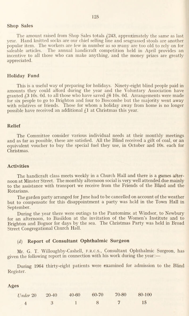 Shop Sales The amount raised from Shop Sales totals £243, approximately the same as last year. Hand knitted socks are our chief selling line and seagrassed stools are another popular item. The workers are few in number as so many are too old to rely on for saleable articles. The annual handicraft competition held in April provides an incentive to all those who can make anything, and the money prizes are greatly appreciated. Holiday Fund This is a useful way of preparing for holidays. Ninety-eight blind people paid in amounts they could afford during the year and the Voluntary Association have granted £3 10s. Od. to all those who have saved £6 10s. Od. Arrangements were made for six people to go to Brighton and four to Boscombe but the majority went away with relatives or friends. Those for whom a holiday away from home is no longer possible have received an additional £1 at Christmas this year. Relief The Committee consider various individual needs at their monthly meetings and as far as possible, these are satisfied. All the Blind received a gift of coal, or an equivalent voucher to buy the special fuel they use, in October and 10s. each for Christmas. Activities The handicraft class meets weekly in a Church Hall and there is a games after¬ noon at Minster Street. The monthly afternoon social is very well attended due mainly to the assistance with transport we receive from the Friends of the Blind and the Rotarians. The garden party arranged for June had to be cancelled on account of the weather but to compensate for this disappointment a party was held in the Town Hall in September. During the year there were outings to the Pantomime at Windsor, to Newbury for an afternoon, to Basildon at the invitation of the Women’s Institute and to Brighton and Bognor for days by the sea. The Christmas Party was held in Broad Street Congregational Church Hall. (d) Report of Consultant Ophthalmic Surgeon Mr. G. T. Willoughby-Cashell, f.r.c.s., Consultant Ophthalmic Surgeon, has given the following report in connection with his work during the year:— During 1964 thirty-eight patients were examined for admission to the Blind Register. Ages Under 20 20-40 4 3 40-60 1 60-70 8 70-80 7 80-100 15