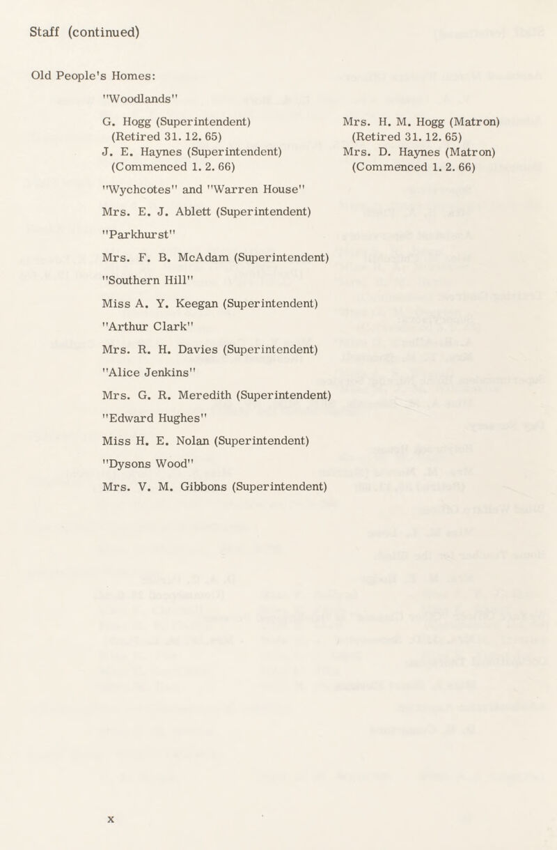 Old People's Homes: Woodlands Mrs. H. M. Hogg (Matron) (Retired 31. 12. 65) Mrs. D. Haynes (Matron) (Commenced 1. 2. 66) Parkhurst Mrs. F. B. McAdam (Superintendent) Southern Hill Miss A. Y. Keegan (Superintendent) Arthur Clark Mrs. R. H. Davies (Superintendent) Alice Jenkins Mrs. G. R. Meredith (Superintendent) Edward Hughes Miss H. E. Nolan (Superintendent) Dysons Wood Mrs. V. M. Gibbons (Superintendent) G. Hogg (Superintendent) (Retired 31. 12. 65) J. E. Haynes (Superintendent) (Commenced 1. 2. 66) Wychcotes and Warren House Mrs. E. J. Ablett (Superintendent)