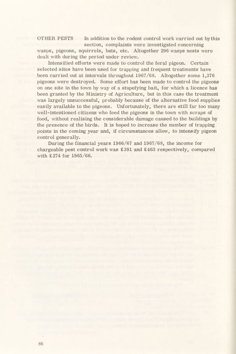 OTHER PESTS In addition to the rodent control work carried out by this section, complaints were investigated concerning wasps, pigeons, squirrels, bats, etc. Altogether 296 wasps nests were dealt with during the period under review. Intensified efforts were made to control the feral pigeon. Certain selected sites have been used for trapping and frequent treatments have been carried out at intervals throughout 1967/68. Altogether some 1,376 pigeons were destroyed. Some effort has been made to control the pigeons on one site in the town by way of a stupefying bait, for which a licence has been granted by the Ministry of Agriculture, but in this case the treatment was largely unsuccessful, probably because of the alternative food supplies easily available to the pigeons. Unfortunately, there are still far too many well-intentioned citizens who feed the pigeons in the town with scraps of food, without realising the considerable damage caused to the buildings by the presence of the birds. It is hoped to increase the number of trapping points in the coming year and, if circumstances allow, to intensify pigeon control generally. During the financial years 1966/67 and 1967/68, the income for chargeable pest control work was £391 and £463 respectively, compared with £274 for 1965/66.