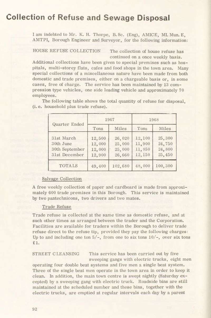 Collection of Refuse and Sewage Disposal I am indebted to Mr. K. H. Thorpe, B. Sc. (Eng), AMICE, MI. Mun. E, AMTPI, Borough Engineer and Surveyor, for the following information: HOUSE REFUSE COLLECTION The collection of house refuse has continued on a once weekly basis. Additional collections have been given to special premises such as hos¬ pitals, multi-storey flats, cafes and food shops in the town area. Many special collections of a miscellaneous nature have been made from both domestic and trade premises, either on a chargeable basis or, in some cases, free of charge. The service has been maintained by 13 com¬ pression type vehicles, one side loading vehicle and approximately 70 employees. The following table shows the total quantity of refuse for disposal, (i. e. household plus trade refuse). Quarter Ended 1967 1968 Tons Miles Tons Miles 31st March 12,500 26,020 12,100 25,300 30th June 12,000 25,000 11,900 24,750 30th September 12,000 ■ 25,000 11,850 24,800 31st December 12,900 26,660 12,150 25,450 TOTALS 49,400 102,680 48, 000 100,300 Salvage Collection A free weekly collection of paper and cardboard is made from approxi¬ mately 600 trade premises in this Borough. This service is maintained by two pantechnicons, two drivers and two mates. Trade Refuse Trade refuse is collected at the same time as domestic refuse, and at such other times as arranged between the trader and the Corporation. Facilities are available for traders within the Borough to deliver trade refuse direct to the refuse tip, provided they pay the following charges: Up to and including one ton 5/-, from one to six tons 10/-, over six tons £1. STREET CLEANSING This service has been carried out by five sweeping gangs with electric trucks, eight men operating four double beat systems and five men a single beat system. Three of the single beat men operate in the town area in order to keep it clean. In addition, the main town centre is swept nightly (Saturday ex¬ cepted) by a sweeping gang with electric truck. Roadside bins are still maintained at the scheduled number and these bins, together with the electric trucks, are emptied at regular intervals each day by a parent