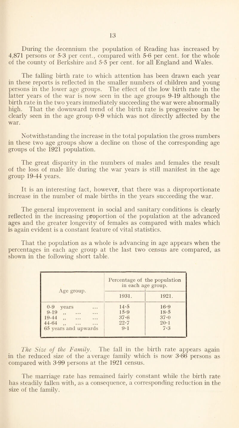 During the decennium the population of Reading has increased by 4,871 persons or 5-3 per cent., compared with 5-6 per cent, for the whole of the county of Berkshire and v5-5 per cent, for all England and Wales. The falling birth rate to which attention has been drawn each year in these reports is reflected in the smaller numbers of children and young persons in the lower age groups. The effect of the low birth rate in the latter years of the war is now seen in the age groups 9-19 although the birth rate in the two years immediately succeeding the war were abnormally high. That the downward trend of the birth rate is progressive can be clearly seen in the age group 0-9 which was not directly affected by the war. Notwithstanding the increase in the total population the gross numbers in these two age groups show a decline on those of the corresponding age groups of the 1921 population. The great disparity in the numbers of males and females the result of the loss of male life during the war years is still manifest in the age group 19-44 years. It is an interesting fact, however, that there was a disproportionate increase in the number of male births in the years succeeding the war. The general improvement in social and sanitary conditions is clearly reflected in the increasing proportion of the population at the advanced ages and the greater longevity of females as compared with males which is again evident is a constant feature of vital statistics. That the population as a whole is advancing in age appears when the percentages in each age group at the last two census are compared, as shown in the following short table. Age group. Percentage of in each aj the population ^e group. 1931. 1921. 0-9 years 14-5 16-9 9-19 „ . 15-9 18-5 19-44 „ . 37*6 37-0 44-64 „ . 22-7 20-1 65 years and upwards 9-1 7-3 The Size of the Family. The fall in the birth rate appears again in the reduced size of the average family which is now 3-66 persons as compared with 3*99 persons at the 1921 census. Tlie marriage rate has remained fairly constant while the birth rate has steadily fallen with, as a consequence, a corresponding reduction in the size of the family.