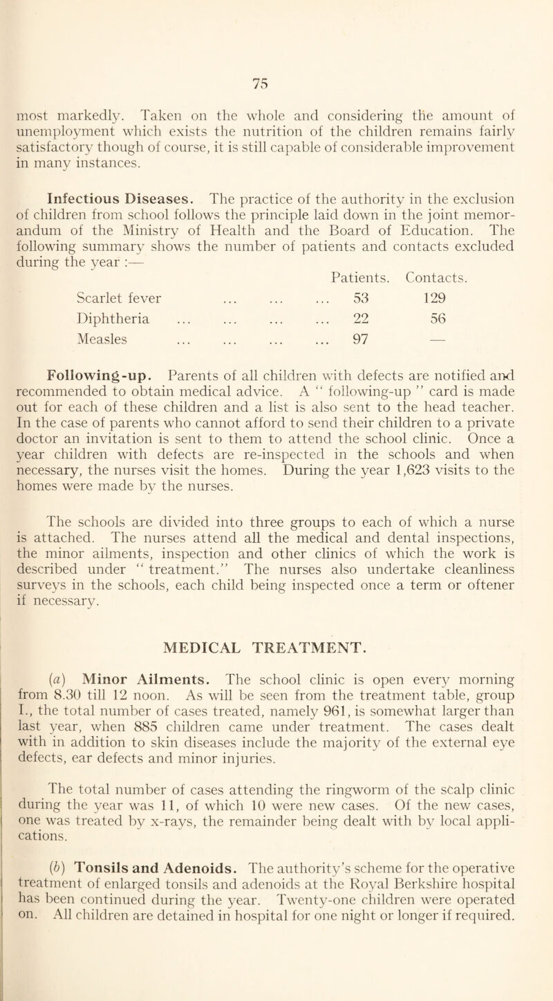 most markedly. Taken on the whole and considering the amount of unemployment which exists the nutrition of the children remains fairly satisfactory though of course, it is still capable of considerable improvement in many instances. Infectious Diseases. The practice of the authority in the exclusion of children from school follows the principle laid down in the joint memor¬ andum of the Ministry of Health and the Board of Education. The following summary shows the number of patients and contacts excluded during the year :— Patients. Contacts. Scarlet fever ... ... ... 53 129 Diphtheria ... ... ... ... 22 56 Measles ... ... ... ... 97 — Following-up. Parents of all children with defects are notified and recommended to obtain medical advice. A “ foilowing-up ” card is made out for each of these children and a list is also sent to the head teacher. In the case of parents who cannot afford to send their children to a private doctor an invitation is sent to them to attend the school clinic. Once a year children with defects are re-inspected in the schools and when necessary, the nurses visit the homes. During the year 1,623 visits to the homes were made by the nurses. The schools are divided into three groups to each of which a nurse is attached. The nurses attend all the medical and dental inspections, the minor ailments, inspection and other clinics of which the work is described under '' treatment.” The nurses also undertake cleanliness surveys in the schools, each child being inspected once a term or oftener if necessarv. MEDICAL TREATMENT. [а) Minor Ailments. The school clinic is open every morning from 8.30 till 12 noon. As will be seen from the treatment table, group I., the total number of cases treated, namely 961, is somewhat larger than last year, when 885 children came under treatment. The cases dealt with in addition to skin diseases include the majority of the external eye defects, ear defects and minor injuries. The total number of cases attending the ringworm of the scalp clinic during the year was 11, of which 10 were new cases. Of the new cases, one was treated by x-rays, the remainder being dealt with by local appli¬ cations. (б) Tonsils and Adenoids. The authority’s scheme for the operative treatment of enlarged tonsils and adenoids at the Royal Berkshire hospital has been continued during the year. Twenty-one children were operated on. All children are detained in hospital for one night or longer if required.