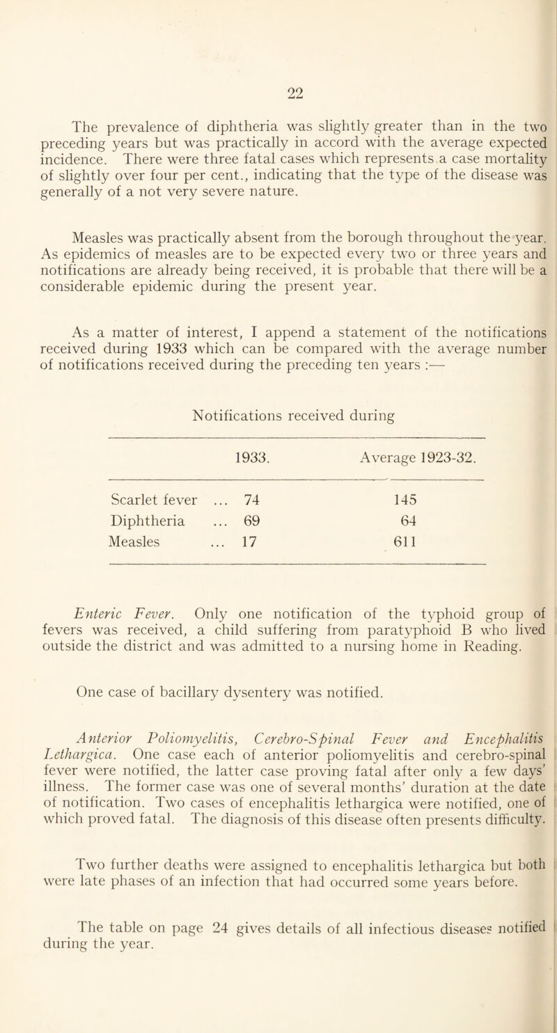 The prevalence of diphtheria was slightly greater than in the two preceding years but was practically in accord with the average expected incidence. There were three fatal cases which represents a case mortality of slightly over four per cent., indicating that the type of the disease was generally of a not very severe nature. Measles was practically absent from the borough throughout the year. As epidemics of measles are to be expected every two or three years and notifications are already being received, it is probable that there will be a considerable epidemic during the present year. As a matter of interest, I append a statement of the notifications received during 1933 which can be compared with the average number of notifications received during the preceding ten years :— Notifications received during 1933. Average 1923-32. Scarlet fever ... 74 145 Diphtheria ... 69 64 Measles ... 17 611 Enteric Fever. Only one notification of the typhoid group of fevers was received, a child suffering from paratyphoid B who lived outside the district and was admitted to a nursing home in Reading. One case of bacillary dysentery was notified. Anterior Poliomyelitis, Cerebro-Spinal Fever and Encephalitis Lethargica. One case each of anterior poliomyelitis and cerebro-spinal fever were notified, the latter case proving fatal after only a few days' illness, dhe former case was one of several months' duration at the date of notification. Two cases of encephalitis lethargica were notified, one of which proved fatal. The diagnosis of this disease often presents difficulty. Two further deaths were assigned to encephalitis lethargica but both were late phases of an infection that had occurred some years before. The table on page 24 gives details of all infectious diseases notified during the year.