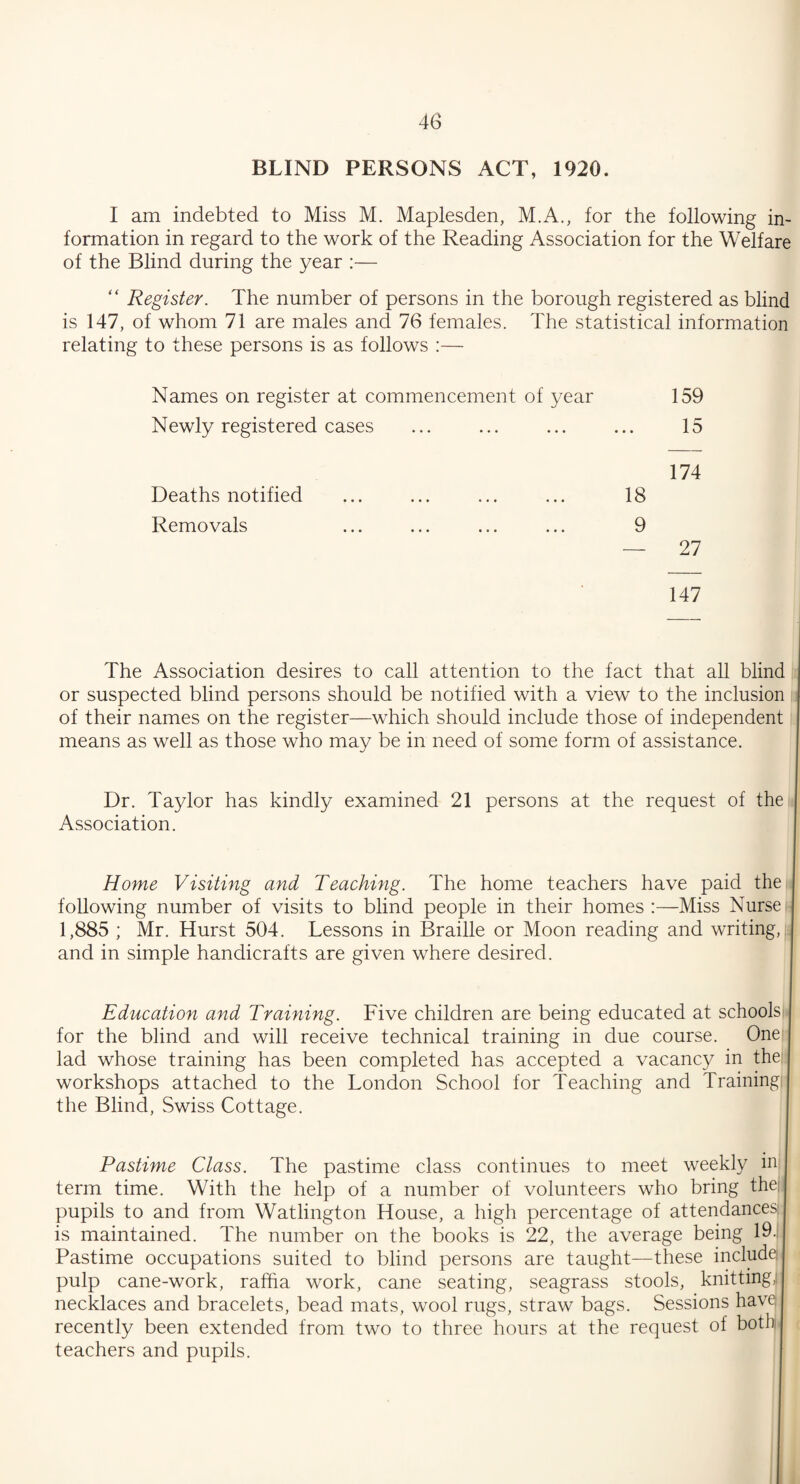 BLIND PERSONS ACT, 1920. I am indebted to Miss M. Maplesden, M.A., for the following in¬ formation in regard to the work of the Reading Association for the Welfare of the Blind during the year :— “ Register. The number of persons in the borough registered as blind is 147, of whom 71 are males and 76 females. The statistical information relating to these persons is as follows :— Names on register at commencement of year 159 Newly registered cases • • • 15 174 Deaths notified 18 Removals 9 — 27 • 147 The Association desires to call attention to the fact that all blind or suspected blind persons should be notified with a view to the inclusion of their names on the register—which should include those of independent means as well as those who may be in need of some form of assistance. Dr. Taylor has kindly examined 21 persons at the request of the Association. Home Visiting and Teaching. The home teachers have paid the following number of visits to blind people in their homes :—Miss Nurse 1,885 ; Mr. Hurst 504. Lessons in Braille or Moon reading and writing, and in simple handicrafts are given where desired. Education and Training. Five children are being educated at schools: for the blind and will receive technical training in due course. One lad whose training has been completed has accepted a vacancy in the workshops attached to the London School for Teaching and Training: the Blind, Swiss Cottage. Pastime Class. The pastime class continues to meet weekly in term time. With the help of a number of volunteers who bring the pupils to and from Watlington House, a high percentage of attendances^ is maintained. The number on the books is 22, the average being 19. Pastime occupations suited to blind persons are taught—these include pulp cane-work, raffia work, cane seating, seagrass stools, knitting, necklaces and bracelets, bead mats, wool rugs, straw bags. Sessions have recently been extended from two to three hours at the request of both teachers and pupils.