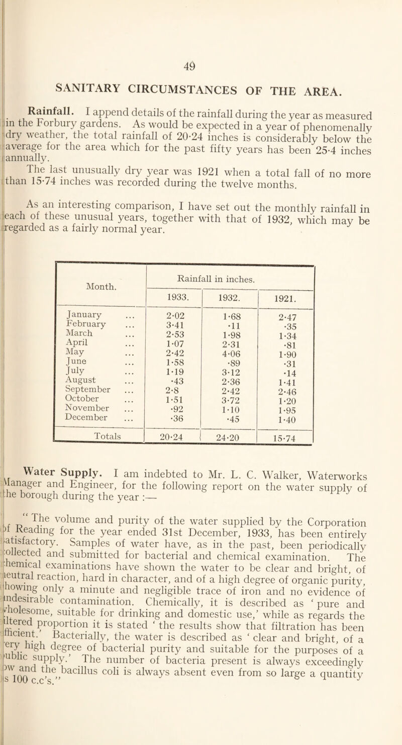 SANITARY CIRCUMSTANCES OF THE AREA. Rainfall. I append details of the rainfall during the year as measured in the Forbury gardens. As would be expected in a year of phenomenally dry weather, the total rainfall of 20-24 inches is considerably below the average for the area which for the past fifty years has been 25-4 inches annually. The last unusually dry year was 1921 when a total fall of no more than 15-74 inches was recorded during the twelve months. As an interesting comparison, I have set out the monthly rainfall in each of these unusual years, together with that of 1932, which may be regarded as a fairly normal year. Month. Rainfall in inches. 1933. 1932. 1921. January 2*02 1-68 2-47 February 3-41 •11 •35 March 2-53 1-98 1-34 April 1-07 2-31 •81 May 2-42 4-06 1-90 June 1-58 •89 •31 July 1-19 3-12 •14 August •43 2-36 1-41 September 2-8 2-42 2-46 October 1-51 3-72 1-20 November •92 M0 1-95 December •36 •45 1-40 Totals 20-24 1 24-20 15-74 Water Supply. I am indebted to Mr. L. C. Walker, Waterworks vlanager and Engineer, for the following report on the water supply of he borough during the year , ^he volume and purity of the water supplied by the Corporation )i Keadmg for the year ended 31st December, 1933, has been entirely j-atisiaGtory. Samples of water have, as in the past, been periodically ollected and submitted for bacterial and chemical examination. The hemical examinations have shown the water to be clear and bright, of leutral reaction, hard in character, and of a high degree of organic purity, owing only a minute and negligible trace of iron and no evidence of mdesirable contamination. Chemically, it is described as * pure and molesome, suitable for drinking and domestic use,’ while as regards the 1 ered proportion it is stated * the results show that filtration has been rnaent Bacterially, the water is described as ‘ clear and bright, of a ery high degree of bacterial purity and suitable for the purposes of a ’U he supply/ The number of bacteria present is always exceedingly Dw. ()a the ^bacillus coli is always absent even from so large a quantity