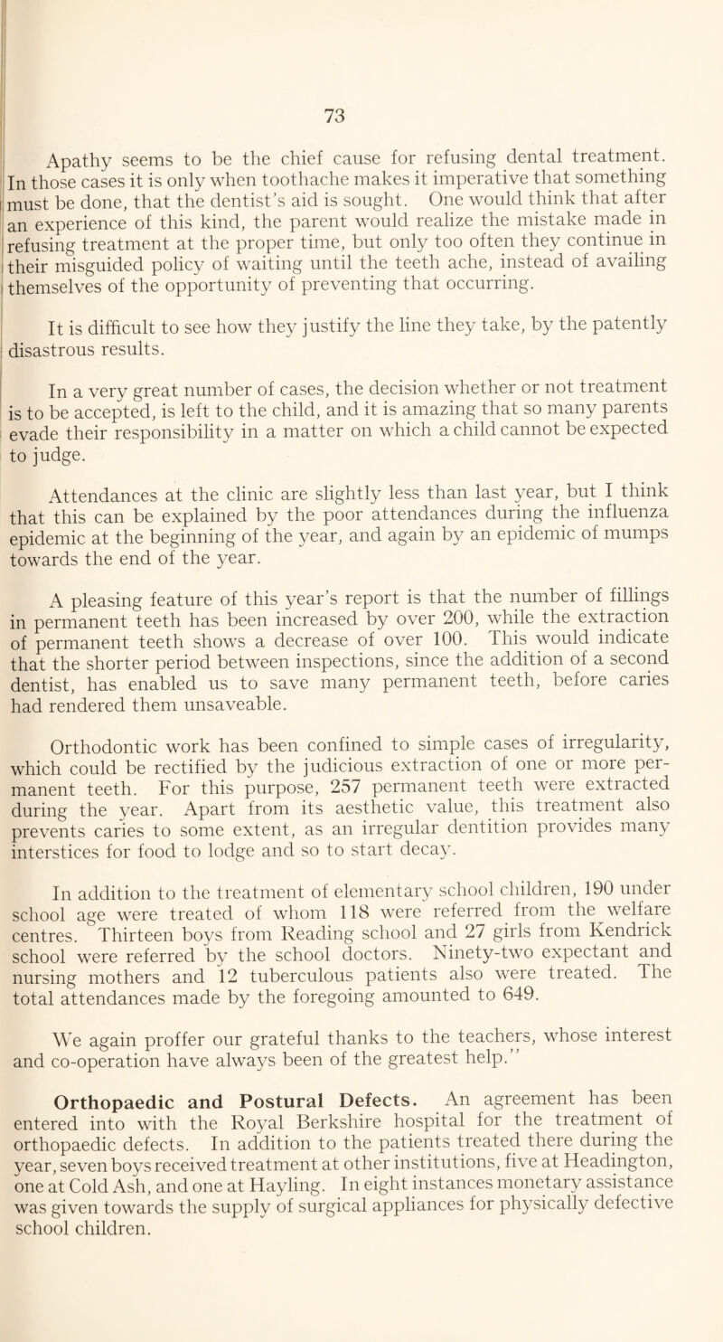 Apathy seems to be the chief cause for refusing dental treatment. In those cases it is only when toothache makes it imperative that something i!must be done, that the dentist’s aid is sought. One would think that after an experience of this kind, the parent would realize the mistake made in refusing treatment at the proper time, but only too often they continue in I their misguided policy of waiting until the teeth ache, instead of availing i themselves of the opportunity of preventing that occurring. It is difficult to see how they justify the line they take, by the patently I disastrous results. In a very great number of cases, the decision whether or not treatment is to be accepted, is left to the child, and it is amazing that so many parents evade their responsibility in a matter on which a child cannot be expected to judge. Attendances at the clinic are slightly less than last year, but I think that this can be explained by the poor attendances during the influenza epidemic at the beginning of the year, and again by an epidemic of mumps towards the end of the year. A pleasing feature of this year’s report is that the number of fillings in permanent teeth has been increased by over 200, while the extraction of permanent teeth shows a decrease of over 100. This would indicate that the shorter period between inspections, since the addition of a second dentist, has enabled us to save many permanent teeth, before caries had rendered them unsaveable. Orthodontic work has been confined to simple cases of irregularity, which could be rectified by the judicious extraction of one or more per¬ manent teeth. For this purpose, 257 permanent teeth were extracted during the year. Apart from its aesthetic value, this treatment also prevents caries to some extent, as an irregular dentition provides many interstices for food to lodge and so to start decay. In addition to the treatment of elementary school children, 190 under school age were treated of whom 118 were referred from the welfare centres. Thirteen boys from Reading school and 27 girls from Kendrick school were referred by the school doctors. Ninety-two expectant and nursing mothers and 12 tuberculous patients also were treated. The total attendances made by the foregoing amounted to 649. We again proffer our grateful thanks to the teachers, whose interest and co-operation have always been of the greatest help. Orthopaedic and Postural Defects. An agreement has been entered into with the Royal Berkshire hospital for the treatment of orthopaedic defects. In addition to the patients treated there during the year, seven boys received treatment at other institutions, five at Headington, one at Cold Ash, and one at Hayling. In eight instances monetary assistance was given towards the supply of surgical appliances for physically defective school children.