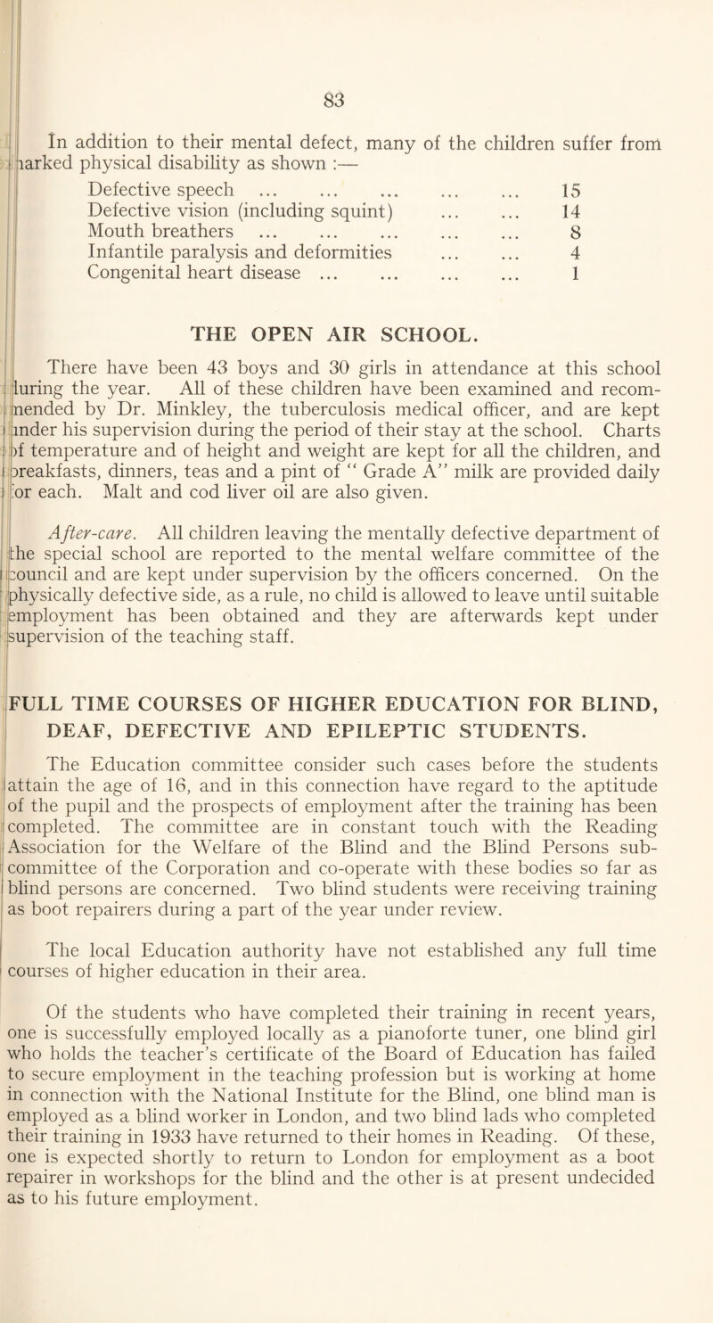 In addition to their mental defect, many of the children suffer from i larked physical disability as shown :— Defective speech ... ... ... ... ... 15 Defective vision (including squint) ... ... 14 Mouth breathers ... ... ... ... ... 8 Infantile paralysis and deformities ... ... 4 Congenital heart disease ... ... ... ... 1 THE OPEN AIR SCHOOL. There have been 43 boys and 30 girls in attendance at this school : luring the year. All of these children have been examined and recom- nended by Dr. Minkley, the tuberculosis medical officer, and are kept i mder his supervision during the period of their stay at the school. Charts f )f temperature and of height and weight are kept for all the children, and i breakfasts, dinners, teas and a pint of “ Grade A” milk are provided daily ) :or each. Malt and cod liver oil are also given. After-care. All children leaving the mentally defective department of the special school are reported to the mental welfare committee of the i council and are kept under supervision by the officers concerned. On the physically defective side, as a rule, no child is allowed to leave until suitable employment has been obtained and they are afterwards kept under supervision of the teaching staff. FULL TIME COURSES OF HIGHER EDUCATION FOR BLIND, DEAF, DEFECTIVE AND EPILEPTIC STUDENTS. The Education committee consider such cases before the students attain the age of 16, and in this connection have regard to the aptitude of the pupil and the prospects of employment after the training has been completed. The committee are in constant touch with the Reading Association for the Welfare of the Blind and the Blind Persons sub¬ committee of the Corporation and co-operate with these bodies so far as blind persons are concerned. Two blind students were receiving training as boot repairers during a part of the year under review. The local Education authority have not established any full time courses of higher education in their area. Of the students who have completed their training in recent years, one is successfully employed locally as a pianoforte tuner, one blind girl who holds the teacher’s certificate of the Board of Education has failed to secure employment in the teaching profession but is working at home in connection with the National Institute for the Blind, one blind man is employed as a blind worker in London, and two blind lads who completed their training in 1933 have returned to their homes in Reading. Of these, one is expected shortly to return to London for employment as a boot repairer in workshops for the blind and the other is at present undecided as to his future employment.