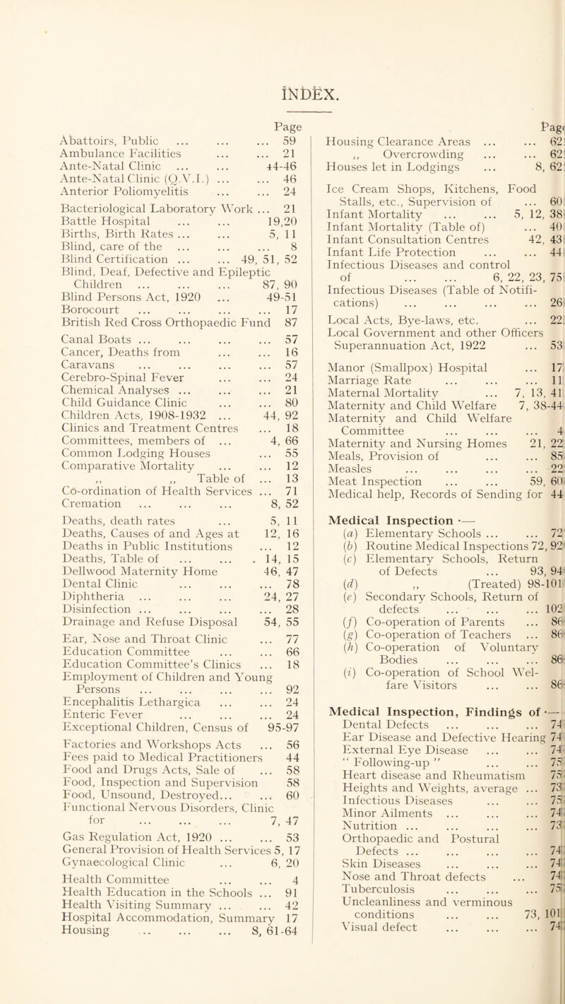 INDEX. Abattoirs, Public Ambulance Facilities Ante-Natal Clinic Ante-Natal Clinic (Q.V.I.) Anterior Poliomyelitis Page . 59 . 21 44-46 . 46 . 24 8 52 90 49-51 . 17 87 Bacteriological Laboratory Work ... 21 Battle Hospital ... ... 19,20 Births, Birth Rates ... ... 5, 11 Blind, care of the Blind Certification ... ... 49, 51, Blind, Deaf, Defective and Epileptic Children ... ... ... 87, Blind Persons Act, 1920 Borocourt British Red Cross Orthopaedic Fund Canal Boats ... Cancer, Deaths from Caravans Cerebro-Spinal Fever Chemical Analyses ... Child Guidance Clinic Children Acts, 1908-1932 ... Clinics and Treatment Centres Committees, members of Common Lodging Houses Comparative Mortality ,, ,, Table of Co-ordination of Health Services Cremation 44 o/ 16 57 24 21 80 92 18 4, 66 55 12 13 71 8, 52 D 12 46 Deaths, death rates Deaths, Causes of and Ages at Deaths in Public Institutions Deaths, Table of Dellwood Maternity Home Dental Clinic Diphtheria Disinfection ... Drainage and Refuse Disposal Ear, Nose and Throat Clinic Education Committee Education Committee’s Clinics Employment of Children and Young Persons Encephalitis Lethargica Enteric Fever 11 16 .. 12 14, 15 47 .. 78 24, 27 .. 28 54, 55 77 66 18 92 24 24 Exceptional Children, Census of 95-97 Factories and Workshops Acts Fees paid to Medical Practitioners Food and Drugs Acts, Sale of Food, Inspection and Supervision Food, Unsound, Destroyed... Functional Nervous Disorders, Clinic for . 7, 47 56 44 58 58 60 Gas Regulation Act, 1920 53 General Provision of Health Services 5, 17 Gynaecological Clinic Health Committee Health Education in the Schools ... Health Visiting Summary ... Hospital Accommodation, Summary S, 61 Housing 20 4 91 42 17 64 Pag. Housing Clearance Areas Overcrowding Houses let in Lodgings . 62: . 621 8, 62! Ice Cream Shops, Kitchens, Food Stalls, etc., Supervision of Infant Mortality Infant Mortality (Table of) Infant Consultation Centres Infant Life Protection Infectious Diseases and control of . 6, 22, 23, 75: Infectious Diseases (Table of Notifi¬ cations) ... ... ... ... 26 60 5, 12, 38r ... 40 42, 431 ... 441 Local Acts, Bye-laws, etc. ... 22. Local Government and other Officers Superannuation Act, 1922 ... 53- Manor (Smallpox) Hospital Marriage Rate Maternal Mortality Maternity and Child Welfare Maternity and Child Welfare Committee Maternity and Nursing Homes Meals, Provision of Measles Meat Inspection ... 17: ... 11 7, 13, 41 7, 38-44 ... 4 21, 22 ... 85 ... 22 59, 60 Medical help, Records of Sending for 44 (&) (c) Medical Inspection •— (a) Elementary Schools ... ... 72 Routine Medical Inspections 72, 92 Elementary Schools, Return of Defects ... 93, 94 ,, (Treated) 98-101 Secondary Schools, Return of defects Co-operation of Parents Co-operation of Teachers (h) Co-operation of Voluntary Bodies Co-operation of School Wel¬ fare Visitors (d) (e) (/) (g) 102 86 86- 86 (*') 86 Medical Inspection, Findings of • Dental Defects Ear Disease and Defective Hearing External Eye Disease “Following-up” Heart disease and Rheumatism Heights and Weights, average Infectious Diseases Minor Ailments Nutrition ... Orthopaedic and Postural Defects ... Skin Diseases Nose and Throat defects Tuberculosis Uncleanliness and verminous conditions ... ... 73, Visual defect 74 74 74 75 75 73 75 74i 73 741 741 74! 75 1011 74