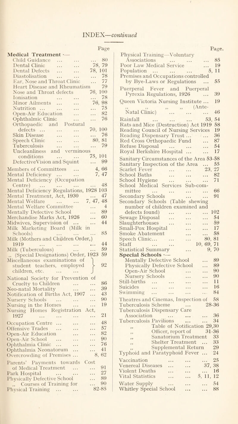 INDEX—continued Page Medical Treatment •— Child Guidance ... 80 Dental Clinic 78, 79 Dental Defects 78, 101 Diastolisation ... 78 Ear, Nose and Throat Clinic ... 77 Heart Disease and Rheumatism 79 Nose and Throat defects 76, 100 Ionisation ... 78 Minor Ailments 76, 98 Nutrition ... ... 75 Open-Air Education ... 82 Ophthalmic Clinic ... 76 Orthopaedic and Postural defects ... 70, 100 Skin Disease ... 76 Speech Clinic 80, 81 Tuberculosis ... 79 Uncleanliness and verminous conditions 75, 101 DefectiveVision and Squint ... 99 Members of Committees 4, 66 Mental Deficiency ... 7, 47 Mental Deficiency (Occupation Centre) ... 48 Mental Deficiency Regulations, 1928 103 Mental Treatment, Act, 1930 ... 47 Mental Welfare 7, 47, 48 Mental Welfare Committee 4 Mentally Defective School ... 89 Merchandise Marks Act, 1926 ... 60 Midwives, Supervision of ... ... 44 Milk Marketing Board (Milk in Schools) ... 85 Milk (Mothers and Children Order,) 1919 ... ... ... ... 44 Milk (Tuberculous) ... ... 59 ,, (Special Designations) Order, 1923 59 Miscellaneous examinations of d student teachers, employed > 92 children, etc. ... ... J National Society for Prevention of Cruelty to Children ... ... 86 Neo-natal Mortality ... ... 39 Notification of Births Act, 1907 ... 43 Nursery Schools ... ... ... 90 Nursing in the Homes ... ... 19 Nursing Homes Registration Act, 1927' .21 Occupation Centre ... ... ... 48 Offensive Trades ... ... ... 57 Open-Air Education ... ... 82 Open-Air School ... ... ... 90 Ophthalmia Clinic ... ... ... 76 Ophthalmia Neonatorum ... ... 41 Overcrowding of Premises ... 8, 62 Parents’ Payments towards Cost of Medical Treatment ... ... 91 Park Hospital ... ... ... 27 Physically Defective School ... 89 ,, Courses of Training for ... 90 Physical Training ... ... 82-85 Page. Physical Training—Voluntary Associations ... ... ... 85 Poor Law Medical Service ... 19 Population ... ... ... 5, 11 Premises and Occupations controlled by Bye-Laws or Regulations ... 55 Puerperal Lever and Puerperal Pyrexia Regulations, 1926 ... 39 Queen Victoria Nursing Institute ... 19 ,, ,, ,, ,, (Ante- Natal Clinic) ... ... ... 46 Rainfall ... ... ... 53, 54 Rats and Mice (Destruction) Act 1919 58 Reading Council of Nursing Services 19 Reading Dispensary Trust ... ... 36 Red Cross Orthopaedic Lund ... 87 Refuse Disposal ... ... ... 54 Royal Berkshire Hospital ... ... 17 Sanitary Circumstances of the Area 53-58 Sanitary Inspection of the Area ... 55 Scarlet Lever ... ... 23, 27 School Baths ... ... ... 82 School Hygiene ... ... ... 71 School Medical Services Sub-com¬ mittee ... ... ... ... 66 Secondary Schools ... ... 91 Secondary Schools (Table shewing number of children examined and defects found) ... 102 Sewage Disposal ... 54 Slaughterhouses ... 59 Small-Pox Hospital ... 17 Smoke Abatement ... 58 Speech Clinic... 80, 81 Staff . 10, 69, 71 Statistical Summary Special Schools — 9, 70 Mentally Defective School ... 89 Physically Defective School ... 89 Open-Air School ... 90 Nursery Schools ... 90 Still-births ... 11 Suicides ... 16 Swimming ... 84 Theatres and Cinemas, Inspection of 58 Tuberculosis Scheme Tuberculosis Dispensary Care 28-36 Association ... 36 Tuberculosis Pavilions ... 34 ,, Table of Notification 29,30 ,, Officer, report of 31-36 ,, Sanatorium Treatment 33 ,, Shelter Treatment ... 33 ,, Supplemental Return 29 Typhoid and Paratyphoid Lever ... 24 Vaccination ... 25 Venereal Diseases 37, 38 Violent Deaths ... 16 Vital Statistics ... ... 5 11, 12 Water Supply 54 Whitley Special School ... 88