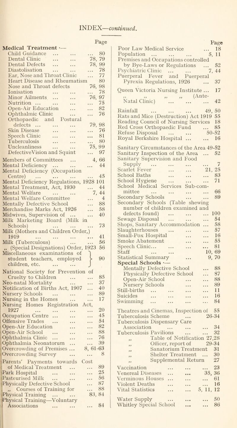 INDEX—continued. Page Medical Treatment — Child Guidance ... 80 Dental Clinic 78, 79 Dental Defects 78, 99 Diastolisation ... 78 Ear, Nose and Throat Clinic ... 77 Heart Disease and Rheumatism 80 Nose and Throat defects 76, 98 Ionisation ... 78 Minor Ailments 76, 97 Nutrition ... ... 75 Open-Air Education ... 82 Ophthalmic Clinic ... 76 Orthopaedic and Postural defects ... 79, 98 Skin Disease ... 76 Speech Clinic ... 81 Tuberculosis ... 80 Uncleanliness 75, 99 DefectiveVision and Squint ... 97 Members of Committees 4, 66 Mental Deficiency ... ... 44 Mental Deficiency (Occupation Centre) ... 45 Mental Deficiency Regulations, 1928 101 Mental Treatment, Act, 1930 ... 44 Mental Welfare 7, 44 Mental Welfare Committee 4 Mentally Defective School ... 88 Merchandise Marks Act, 1926 ... 58 Midwives, Supervision of ... ... 40 Milk Marketing Board (Milk in Schools) ... 73 Milk (Mothers and Children Order,) 1919 . ... 41 Milk (Tuberculous) ... 56 ,, (Special Designations) Order, 1923 56 Miscellaneous examinations of 1 student teachers, employed y 90 children, etc. J National Society for Prevention of Cruelty to Children ... 85 Neo-natal Mortality ... 37 Notification of Births Act, 1907 ... 40 Nursery Schools ... 89 Nursing in the Homes ... 17 Nursing Homes Registration Act, 1927 . ... 20 Occupation Centre ... ... 45 Offensive Trades ... 54 Open-Air Education ... 82 Open-Air School ... 88 Ophthalmia Clinic ... ... 76 Ophthalmia Neonatorum ... ... 39 Overcrowding of Premises ... 8, 61-63 Overcrowding Survey ... 8 Parents’ Payments towards Cost i of Medical Treatment ... 89 Park Hospital ... 25 i Pasteurised Milk ... 56 Physically Defective School ... 87 ,, Courses of Training for ... 88 Physical Training 83, 84 Physical Training—Voluntary Associations ... 84 Page Poor Law Medical Service ... 18 Population ... ... ... 5, 11 Premises and Occupations controlled by Bye-Laws or Regulations ... 52 Psychiatric Clinic ... ... 7,44 Puerperal Fever and Puerperal Pyrexia Regulations, 1926 ... 37 Queen Victoria Nursing Institute ... 17 ,, ,, „ „ (Ante- Natal Clinic) ... ... ... 42 Rainfall ... ... ... 49, 50 Rats and Mice (Destruction) Act 1919 55 Reading Council of Nursing Services 18 Red Cross Orthopaedic Fund ... 85 Refuse Disposal ... ... 50-52 Royal Berkshire Hospital ... ... 16 Sanitary Circumstances of the Area 49-52 Sanitary Inspection of the Area ... 52 Sanitary Supervision and Food Supply • • • • * • 7 Scarlet Fever 21 , 25 School Baths • • • • • • 83 School Hygiene School Medical Services Sub-corn- 71 mittee • • • • • • 66 Secondary Schools Secondary Schools (Table shewing number of children examined and 89 defects found) • • • • • • 100 Sewage Disposal • • • • • • 54 Shops, Sanitary Accommodation ... 58 Slaughterhouses • . • • • • 57 Small-Pox Hospital • • • • • • 16 Smoke Abatement • • • • • • 55 Speech Clinic... • • • • • * 81 Staff ... ... 10, 69 Statistical Summary ... 9, 70 Special Schools — Mentally Defective School ... 88 Physically Defective School ... 87 Open-Air School ... ... 88 Nursery Schools ... ... 89 Still-births ... ... ... ... 11 Suicides ... ... ... ... 16 Swimming ... ... ... ... 84 Theatres and Cinemas, Inspection of 55 Tuberculosis Scheme ... 26-34 Tuberculosis Dispensary Care Association ... ... ... 34 Tuberculosis Pavilions ... ... 32 ,, Table of Notification 27,28 ,, Officer, report of 29-34 ,, Sanatorium Treatment 31 ,, Shelter Treatment ... 30 ,, Supplemental Return 27 Vaccination ... ... ... 23 Venereal Diseases ... ... 35, 36 Verminous Houses ... ... ... 61 Violent Deaths ... ... ... 16 Vital Statistics ... ... 5, 11, 12 Water Supply ... ... ... 50 Whitley Special School ... ... 86