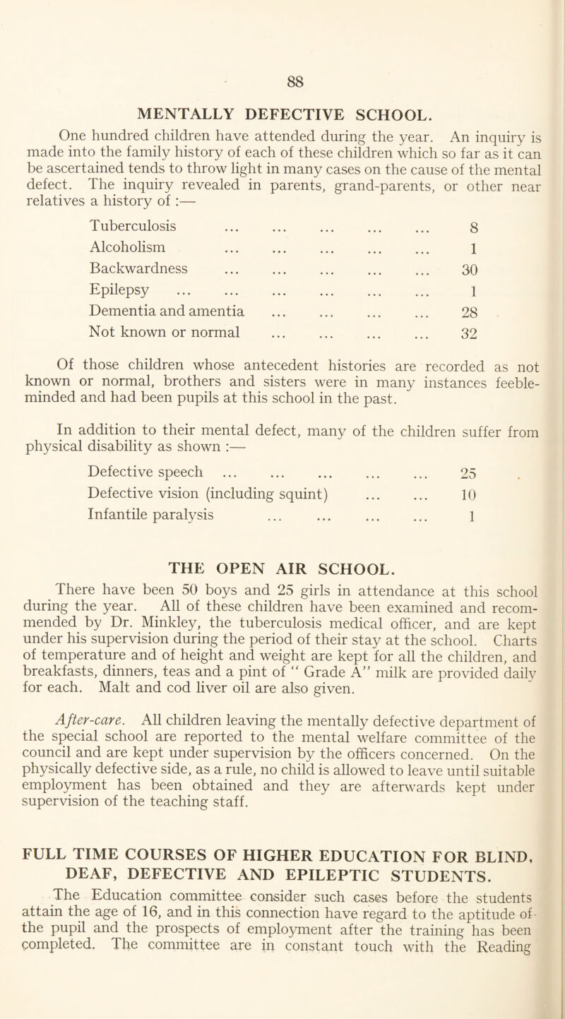 MENTALLY DEFECTIVE SCHOOL. One hundred children have attended during the year. An inquiry is made into the family history of each of these children which so far as it can be ascertained tends to throw light in many cases on the cause of the mental defect. The inquiry revealed in parents, grand-parents, or other near relatives a history of :— Tuberculosis ... ... ... ... ... 8 Alcoholism ... ... ... ... ... 1 Backwardness . 30 Epilepsy . 1 Dementia and amentia . 28 Not known or normal . 32 Of those children whose antecedent histories are recorded as not known or normal, brothers and sisters were in many instances feeble¬ minded and had been pupils at this school in the past. In addition to their mental defect, many of the children suffer from physical disability as shown Defective speech . 25 Defective vision (including squint) . 10 Infantile paralysis 1 THE OPEN AIR SCHOOL. There have been 50 boys and 25 girls in attendance at this school during the year. All of these children have been examined and recom¬ mended by Dr. Minkley, the tuberculosis medical officer, and are kept under his supervision during the period of their stay at the school. Charts of temperature and of height and weight are kept for all the children, and breakfasts, dinners, teas and a pint of “ Grade A” milk are provided daily for each. Malt and cod liver oil are also given. After-care. All children leaving the mentally defective department of the special school are reported to the mental welfare committee of the council and are kept under supervision by the officers concerned. On the physically defective side, as a rule, no child is allowed to leave until suitable employment has been obtained and they are afterwards kept under supervision of the teaching staff. FULL TIME COURSES OF HIGHER EDUCATION FOR BLIND, DEAF, DEFECTIVE AND EPILEPTIC STUDENTS. The Education committee consider such cases before the students attain the age of 16, and in this connection have regard to the aptitude of- the pupil and the prospects of employment after the training has been completed. The committee are in constant touch with the Reading