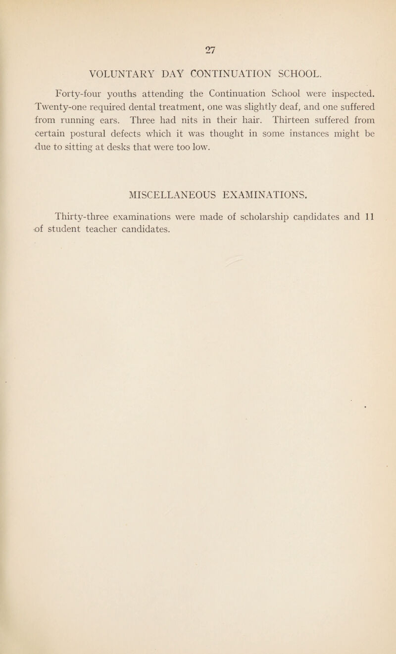 VOLUNTARY DAY CONTINUATION SCHOOL. Forty-four youths attending the Continuation School were inspected. Twenty-one required dental treatment, one was slightty deaf, and one suffered from running ears. Three had nits in their hair. Thirteen suffered from certain postural defects which it was thought in some instances might be due to sitting at desks that were too low. MISCELLANEOUS EXAMINATIONS. Thirty-three examinations were made of scholarship candidates and 11 ■of student teacher candidates.