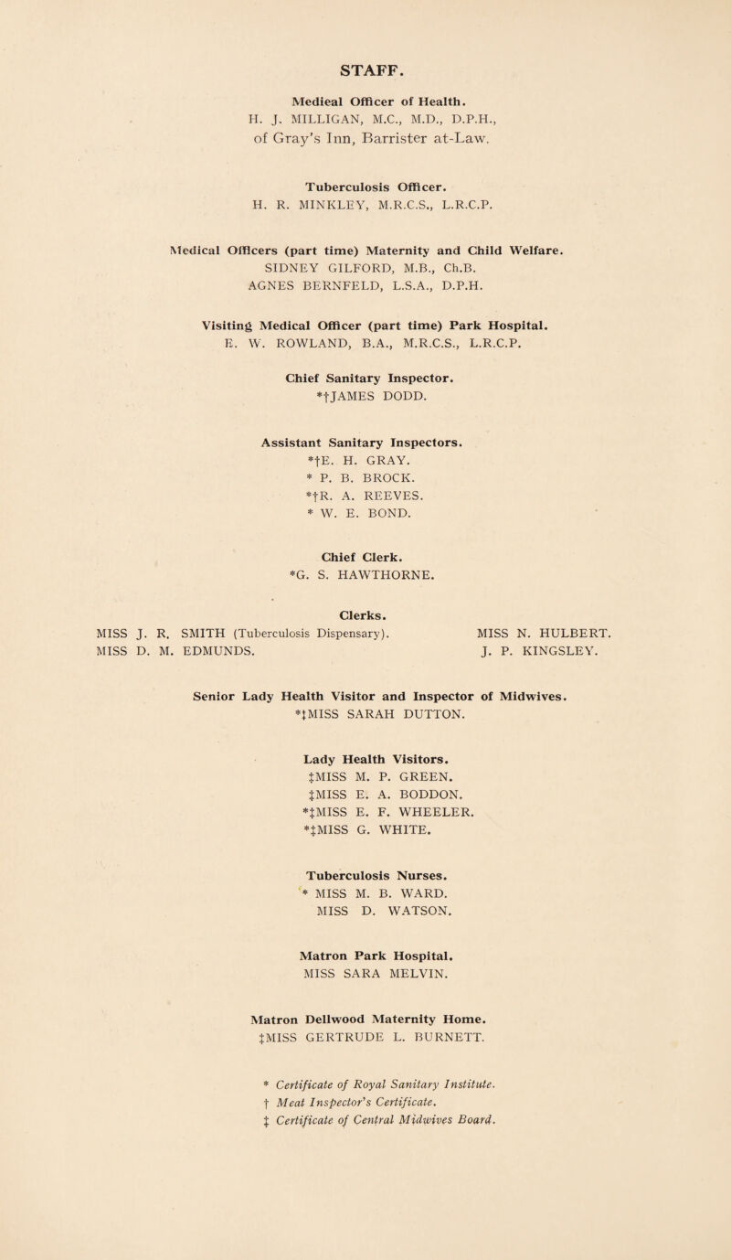 STAFF Medieal Officer of Health. H. J. MILLIGAN, M.C., M.D., D.P.H., of Gray’s Inn, Barrister at-Law. Tuberculosis Officer. H. R. MINKLEY, M.R.C.S., L.R.C.P. Medical Officers (part time) Maternity and Child Welfare. SIDNEY GILFORD, M.B., Ch.B. AGNES BERNFELD, L.S.A., D.P.H. Visiting Medical Officer (part time) Park Hospital. E. W. ROWLAND, B.A., M.R.C.S., L.R.C.P. Chief Sanitary Inspector. *tJAMES DODD. Assistant Sanitary Inspectors. *fE. H. GRAY. * P. B. BROCK. *|R. A. REEVES. * W. E. BOND. Chief Clerk. *G. S. HAWTHORNE. Clerks. MISS J. R. SMITH (Tuberculosis Dispensary). MISS N. HULBERT. MISS D. M. EDMUNDS. J. P. KINGSLEY. Senior Lady Health Visitor and Inspector of Midwives. *|MISS SARAH DUTTON. Lady Health Visitors. JMISS M. P. GREEN. JMISS E. A. BODDON. *JMISS E. F. WHEELER. *JMISS G. WHITE. Tuberculosis Nurses. * MISS M. B. WARD. MISS D. WATSON. Matron Park Hospital. MISS SARA MELVIN. Matron Dellwood Maternity Home. JMISS GERTRUDE L. BURNETT. * Certificate of Royal Sanitary Institute. t Meat Inspector's Certificate. J Certificate of Central Midwives Board.