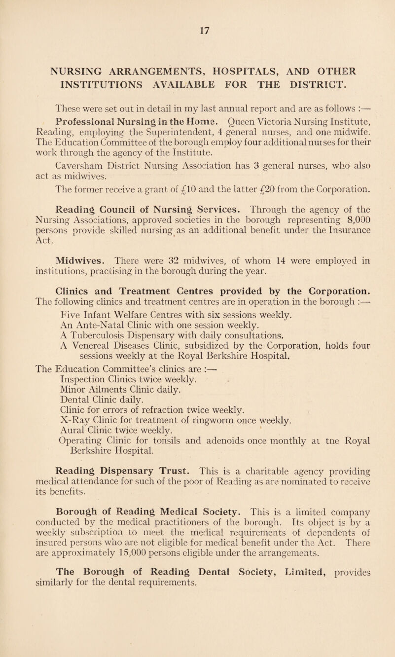 NURSING ARRANGEMENTS, HOSPITALS, AND OTHER INSTITUTIONS AVAILABLE FOR THE DISTRICT. These were set out in detail in my last annual report and are as follows :— Professional Nursing in the Home. Oueen Victoria Nursing Institute, Reading, employing the Superintendent, 4 general nurses, and one midwife. The Education Committee of the borough employ four additional muses for their work through the agency of the Institute. Caversham District Nursing Association has 3 general nurses, who also act as midwives. The former receive a grant of £10 and the latter £20 from the Corporation. Reading Council of Nursing Services. Through the agency of the Nursing Associations, approved societies in the borough representing 8,000 persons provide skilled nursing as an additional benefit under the Insurance Act. Midwives. There were 32 midwives, of whom 14 were employed in institutions, practising in the borough during the year. Clinics and Treatment Centres provided by the Corporation. The following clinics and treatment centres are in operation in the borough Five Infant Welfare Centres with six sessions weekly. An Ante-Natal Clinic with one session weekly. A Tuberculosis Dispensary with daily consultations. A Venereal Diseases Clinic, subsidized by the Corporation, holds four sessions weekly at the Royal Berkshire Hospital. The Education Committee’s clinics are :—- Inspection Clinics twice weekly. Minor Ailments Clinic daily. Dental Clinic daily. Clinic for errors of refraction twice weekly. X-Ray Clinic for treatment of ringworm once weekly. Aural Clinic twice weekly. Operating Clinic for tonsils and adenoids once monthly ai tne Royal Berkshire Hospital. Reading Dispensary Trust. This is a charitable agency providing medical attendance for such of the poor of Reading as are nominated to receive its benefits. Borough of Reading Medical Society. This is a limited company conducted by the medical practitioners of the borough. Its object is by a weekly subscription to meet the medical requirements of dependents of insured persons who are not eligible for medical benefit under the Act. There are approximately 15,000 persons eligible under the arrangements. The Borough of Reading Dental Society, Limited, provides similarly for the dental requirements.