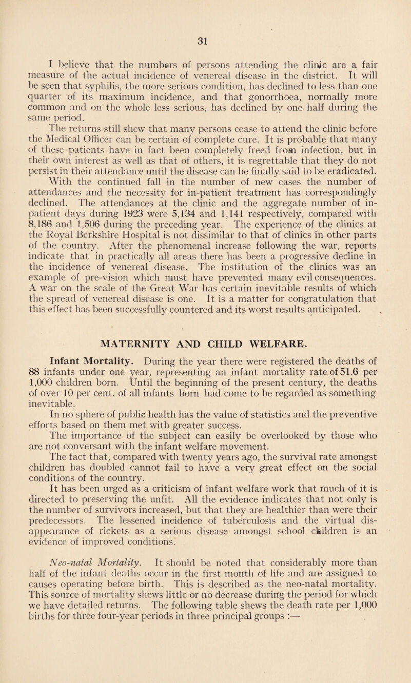 I believe that the numbers of persons attending the clinic are a fair measure of the actual incidence of venereal disease in the district. It will be seen that syphilis, the more serious condition, has declined to less than one quarter of its maximum incidence, and that gonorrhoea, normally more common and on the whole less serious, has declined by one half during the same period. The returns still shew that many persons cease to attend the clinic before the Medical Officer can be certain of complete cure. It is probable that many of these patients have in fact been completely freed from infection, but in their own interest as well as that of others, it is regrettable that they do not persist in their attendance until the disease can be finally said to be eradicated. With the continued fall in the number of new cases the number of attendances and the necessity for in-patient treatment has correspondingly declined. The attendances at the clinic and the aggregate number of in¬ patient days during 1923 were 5,134 and 1,141 respectively, compared with 8,186 and 1,506 during the preceding year. The experience of the clinics at the Royal Berkshire Hospital is not dissimilar to that of clinics in other parts of the country. After the phenomenal increase following the war, reports indicate that in practically all areas there has been a progressive decline in the incidence of venereal disease. The institution of the clinics was an example of pre-vision which must have prevented many evil consequences. A war on the scale of the Great War has certain inevitable results of which the spread of venereal disease is one. It is a matter for congratulation that this effect has been successfully countered and its worst results anticipated. MATERNITY AND CHILD WELFARE. Infant Mortality. During the year there were registered the deaths of 88 infants under one year, representing an infant mortality rate of 51.6 per 1,000 children born. Until the beginning of the present century, the deaths of over 10 per cent, of all infants born had come to be regarded as something inevitable. In no sphere of public health has the value of statistics and the preventive efforts based on them met with greater success. The importance of the subject can easily be overlooked by those who are not conversant with the infant welfare movement. The fact that, compared with twenty years ago, the survival rate amongst children has doubled cannot fail to have a very great effect on the social conditions of the country. It has been urged as a criticism of infant welfare work that much of it is directed to preserving the unfit. All the evidence indicates that not only is the number of survivors increased, but that they are healthier than were their predecessors. The lessened incidence of tuberculosis and the virtual dis¬ appearance of rickets as a serious disease amongst school children is an evidence of improved conditions. Neo-natal Mortality. It should be noted that considerably more than half of the infant deaths occur in the first month of life and are assigned to causes operating before birth. This is described as the neo-natal mortality. This source of mortality shews little or no decrease during the period for which we have detailed returns. The following table shews the death rate per 1,000 births for three four-year periods in three principal groups :—