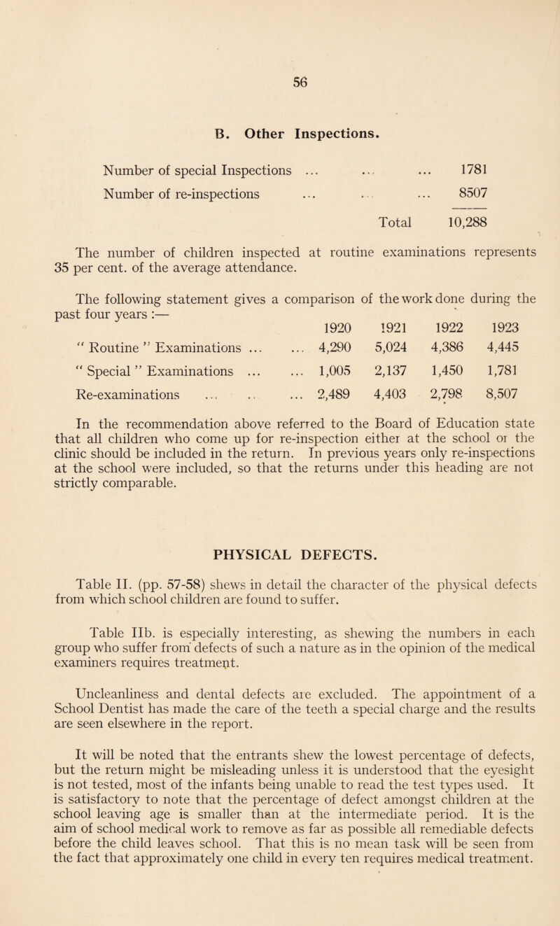 B. Other Inspections. Number of special Inspections ... ... ... 1781 Number of re-inspections ... ... ... 8507 Total 10,288 The number of children inspected at routine examinations represents 35 per cent, of the average attendance. The following statement gives a comparison of the work done during the past four years :— 1920 1921 1922 1923 “ Routine ” Examinations ... ... 4,290 5,024 4,386 4,445  Special ” Examinations ... ... 1,005 2,137 1,450 1,781 Re-examinations ... 2,489 4,403 2,798 8,507 In the recommendation above referred to the Board of Education state that all children who come up for re-inspection either at the school or the clinic should be included in the return. In previous years only re-inspections at the school were included, so that the returns under this heading are not strictly comparable. PHYSICAL DEFECTS. Table II. (pp. 57-58) shews in detail the character of the physical defects from which school children are found to suffer. Table lib. is especially interesting, as shewing the numbers in each group who suffer from defects of such a nature as in the opinion of the medical examiners requires treatment. Uncleanliness and dental defects are excluded. The appointment of a School Dentist has made the care of the teeth a special charge and the results are seen elsewhere in the report. It will be noted that the entrants shew the lowest percentage of defects, but the return might be misleading unless it is understood that the eyesight is not tested, most of the infants being unable to read the test types used. It is satisfactory to note that the percentage of defect amongst children at the school leaving age is smaller than at the intermediate period. It is the aim of school medical work to remove as far as possible all remediable defects before the child leaves school. That this is no mean task will be seen from the fact that approximately one child in every ten requires medical treatment.