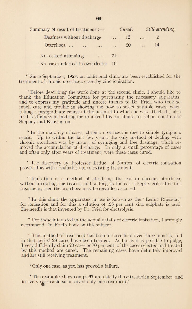 Summary of result of treatment:— Deafness without discharge Otorrhoea. Cured. Still attending. 12 ... 2 20 ... 14 No. ceased attending ... 24 No. cases referred to own doctor 10 “ Since September, 1923, an additional clinic has been established for the treatment of chronic otorrhoea cases by zinc ionisation. “ Before describing the work done at the second clinic, I should like to thank the Education Committee for purchasing the necessary apparatus, and to express my gratitude and sincere thanks to Dr. Friel, who took so much care and trouble in showing me how to select suitable cases, when taking a postgraduate course at the hospital to which he was attached ; also for his kindness in inviting me to attend his ear clinics for school children at Stepney and Kensington. “ In the majority of cases, chronic otorrhoea is due to simple tympanic sepsis. Up to within the last few years, the only method of dealing with chronic otorrhoea was by means of syringing and free drainage, which re¬ moved the accumulation of discharge. In only a small percentage of cases and often only after years of treatment, were these cases cured.  The discovery by Professor Leduc, of Nantes, of electric ionisation provided us with a valuable aid to existing treatment. “ Ionisation is a method of sterilising the ear in chronic otorrhoea, without irritating the tissues, and so long as the ear is kept sterile after this treatment, then the otorrhoea may be regarded as cured. “ In this clinic the apparatus in use is known as the ‘ Leduc Rheostat ’ for ionisation and for this a solution of .25 per cent zinc sulphate is used. The needle is that invented by Dr. Friel for electrolysis. “ For those interested in-the actual details of electric ionisation, I strongly recommend Dr. Friers book on this subject. “ This method of treatment has been in force here over three months, and in that period 28 cases have been treated. As far as it is possible to judge, I very diffidently claim 20 cases or 70 per cent, of the cases selected and treated by this method are cured. The remaining cases have definitely improved and are still receiving treatment. “ Only one case, as yet, has proved a failure. “ The examples shown on p. 67 are chiefly those treated in September, and in every (^se each ear received only one treatment.”