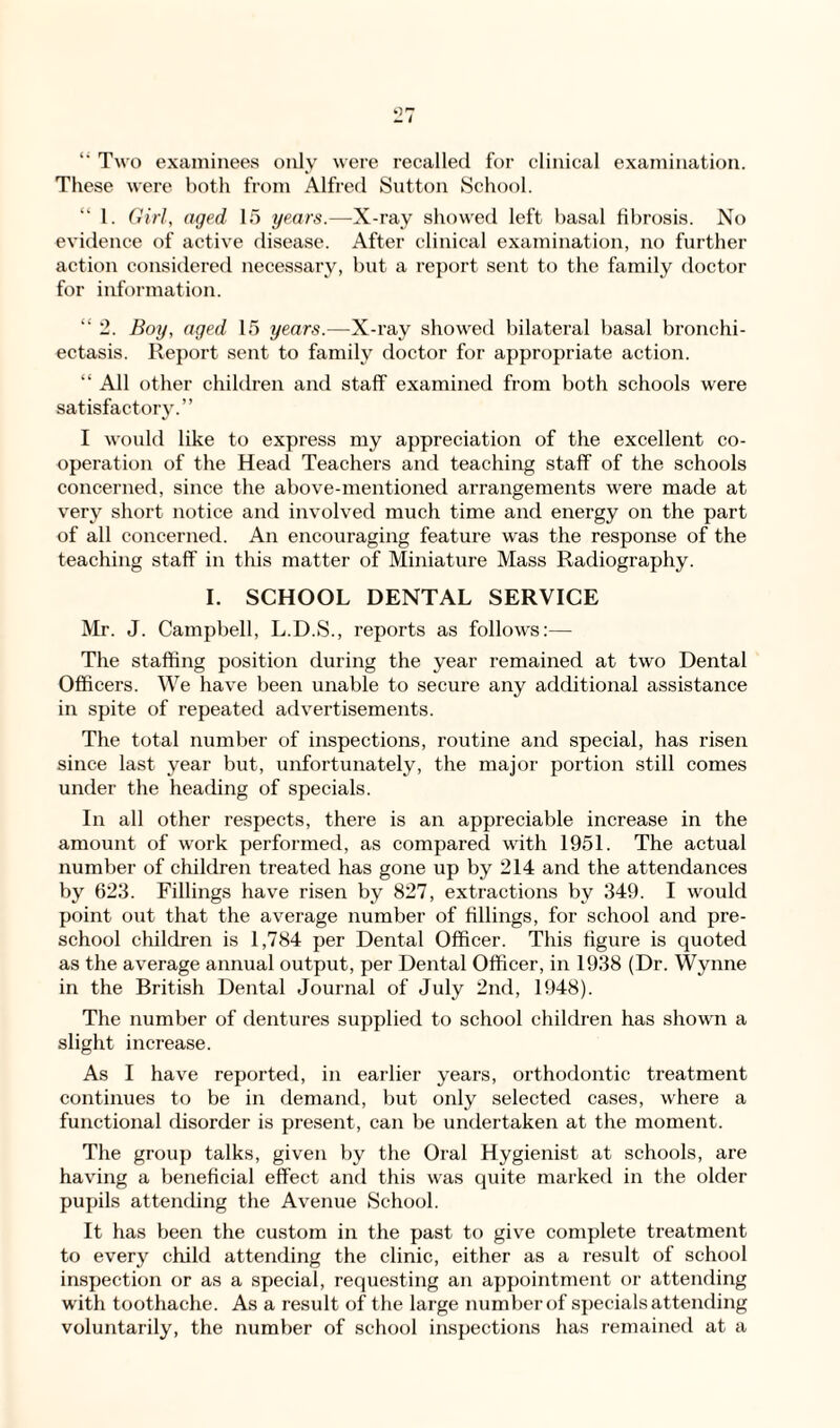 li Two examinees only were recalled for clinical examination. These were both from Alfred Sutton School. “ 1. Girl, aged 15 years.—-X-ray showed left basal fibrosis. No evidence of active disease. After clinical examination, no further action considered necessary, but a report sent to the family doctor for information. “ 2. Boy, aged 15 years.—X-ray showed bilateral basal bronchi¬ ectasis. Report sent to family doctor for appropriate action. “ All other children and staff examined from both schools were satisfactory.” I would like to express my appreciation of the excellent co¬ operation of the Head Teachers and teaching staff of the schools concerned, since the above-mentioned arrangements were made at very short notice and involved much time and energy on the part of all concerned. An encouraging feature was the response of the teaching staff in this matter of Miniature Mass Radiography. I. SCHOOL DENTAL SERVICE Mr. J. Campbell, L.D.S., reports as follows:— The staffing position during the year remained at two Dental Officers. We have been unable to secure any additional assistance in spite of repeated advertisements. The total number of inspections, routine and special, has risen since last year but, unfortunately, the major portion still comes under the heading of specials. In all other respects, there is an appreciable increase in the amount of work performed, as compared with 1951. The actual number of children treated has gone up by 214 and the attendances by 623. Fillings have risen by 827, extractions by 349. I would point out that the average number of fillings, for school and pre¬ school children is 1,784 per Dental Officer. This figure is quoted as the average annual output, per Dental Officer, in 1938 (Dr. Wynne in the British Dental Journal of July 2nd, 1948). The number of dentures supplied to school children has shown a slight increase. As I have reported, in earlier years, orthodontic treatment continues to be in demand, but only selected cases, where a functional disorder is present, can be undertaken at the moment. The group talks, given by the Oral Hygienist at schools, are having a beneficial effect and this was quite marked in the older pupils attending the Avenue School. It has been the custom in the past to give complete treatment to every child attending the clinic, either as a result of school inspection or as a special, requesting an appointment or attending with toothache. As a result of the large number of specials attending voluntarily, the number of school inspections has remained at a