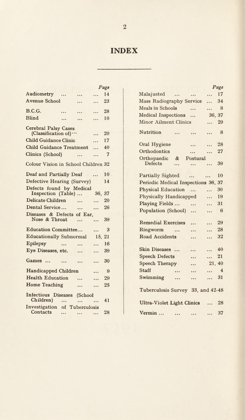 INDEX Audiometry Page .. 14 Avenue School .. 23 B.C.G. . .. 28 Bhnd . .. 10 Cerebral Palsy Cases (Classification of) • • • .. 20 Child Guidance Clinic .. 17 Child Guidance Treatment .. 40 Clinics (School) .. 7 Colour Vision in School Children 32 Deaf and Partially Deaf .. 10 Defective Hearing (Survey) 14 Defects found by Medical Inspection (Table) ... 36, 37 Delicate Children .. 20 Dental Service... .. 26 Diseases & Defects of Ear, Nose & Throat .. 39 Education Committee... .. 3 Educationally Subnormal 15, 21 Epilepsy .. 16 Eye Diseases, etc. .. 39 Games ... .. 30 Handicapped Children .. 9 Health Education .. 29 Home Teaching .. 25 Infectious Diseases (School Children) .. 41 Investigation of Tuberculosis Contacts .. 28 Malajusted Page ... 17 Mass Radiography Service ... 34 Meals in Schools ... 8 Medical Inspections ... 36, 37 Minor Ailment Clinics ... 29 Nutrition ... 8 Oral Hygiene ... 28 Orthodontics ... 27 Orthopaedic & Postural Defects ... 39 Partially Sighted .. 10 Periodic Medical Inspections 36, 37 Physical Education ... ... 30 Physically Handicapped ... 19 Playing Fields ... ... 31 Population (School) ... ... 6 Remedial Exercises ... ... 29 Ringworm ... 28 Road Accidents ... 32 Skin Diseases ... ... 40 Speech Defects ... 21 Speech Therapy 21, 40 Staff . ... 4 Swimming ... 31 Tuberculosis Survey 33, and 42-48 Ultra-Violet Light Clinics ... 28 Vermin ... ... ... ... 37