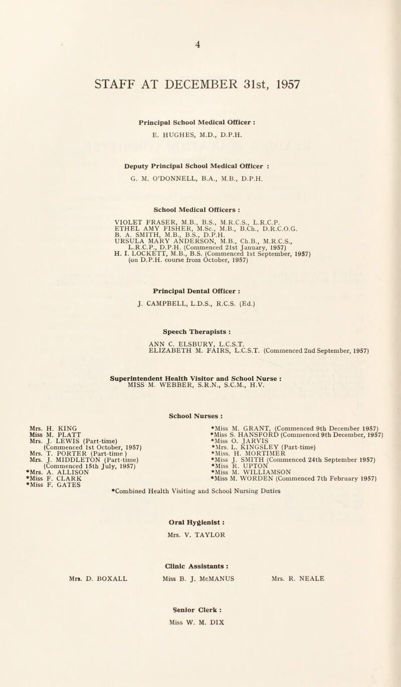 STAFF AT DECEMBER 31st, 1957 Principal School Medical Officer ; E. HUGHES, M.D., D.P.H. Deputy Principal School Medical Officer : G. M. O’DONNELL, B.A., M.B., D.P.H. School Medical Officers : VIOLET FRASER, M.B., B.S., M.R.C.S., L.R.C.P. ETHEL AMY FISHER, M.Sc., M.B., B.Ch., D.R.C.O.G. B. A. SMITH, M.B., B.S., D.P.H. URSULA MARY ANDERSON, M.B., Ch.B., M.R.C.S., L.R.C.P., D.P.H. (Commenced 21st January, 1957) H. I. LOCKETT, M.B., B.S. (Commenced 1st September, 1957) (oil D.P.H. course from October, 1957) Principal Dental Officer ; J. CAMPBELL, L.D.S., R.C.S. (Ed.) Speech Therapists : ANN C. ELSBURY, L.C.S.T. ELIZABETH M. FAIRS, L.C.S.T. (Commenced 2nd September, 1957) Superintendent Health Visitor and School Nurse : MISS M. WEBBER, S.R.N., S.C.M., H.V. School Nurses : Mrs. H. KING Miss M. PLATT Mrs. J. LEWIS (Part-time) (Commenced 1st October, 1957) Mrs. T. PORTER (Part-time ) Mrs. J. MIDDLETON (Part-time) (Commenced 15th July, 1957) •Mrs. A. ALLISON •Miss F. CLARK •Miss F. GATES •Combined Health Visiting •Miss M. GR.\NT, (Commenced 9th December 1957) •Miss S. HANSFORD (Commenced 9th December, 1957) •Miss O. JARVIS •.Mrs. L. KINGSLEY (Part-time) •Miss. H. MORTIMER •Miss J. SMITH (Commenced 24th September 1957) •Miss R. UPTON •Miss M. WILLIAMSON •Miss M. WORDEN (Commenced 7th February 1957) and School Nursing Duties Oral Hygienist: Mrs. V. TAYLOR Clinic Assistants : Mrs. D. BOXALL Miss B. J. McMANUS Mrs. R. NEALE Senior Clerk : Miss W. M. DIX