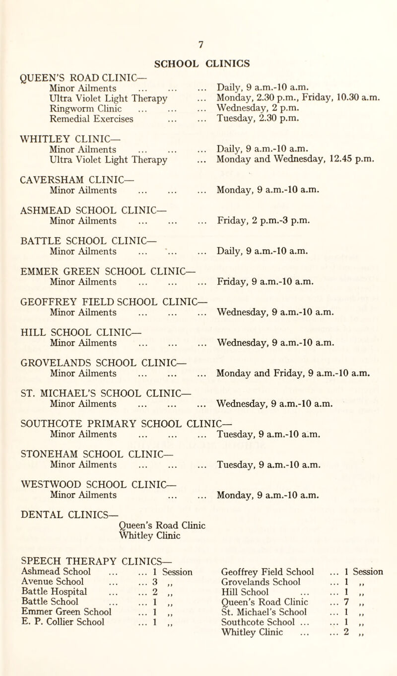 SCHOOL CLINICS QUEEN’S ROAD CLINIC— Minor Ailments Ultra Violet Light Therapy RingiAwm Clinic Remedial Exercises WHITLEY CLINIC— Minor Ailments Ultra Violet Light Therapy CAVERSHAM CLINIC— Minor Ailments ASHMEAD SCHOOL CLINIC— Minor Ailments BATTLE SCHOOL CLINIC— Minor Ailments EMMER GREEN SCHOOL CLINIC— Minor Ailments . GEOFFREY FIELD SCHOOL CLINIC— Minor Ailments . HILL SCHOOL CLINIC— Minor Ailments . GROVELANDS SCHOOL CLINIC— Minor Ailments . ST. MICHAEL’S SCHOOL CLINIC— Minor Ailments . Daily, 9 a.m.-lO a.m. Monday, 2.30 p.m., Friday, 10.30 a.m. Wednesday, 2 p.m. Tuesday, 2.30 p.m. Daily, 9 a.m.-lO a.m. Monday and Wednesday, 12.45 p.m. Monday, 9 a.m.-10 a.m. Friday, 2 p.m.-3 p.m. Daily, 9 a.m.-lO a.m. Friday, 9 a.m.-lO a.m. Wednesday, 9 a.m.-lO a.m. Wednesday, 9 a.m.-lO a.m. Monday and Friday, 9 a.m.-lO a.m. Wednesday, 9 a.m.-lO a.m. SOUTHCOTE PRIMARY SCHOOL CLINIC— Minor Ailments ... ... ... Tuesday, 9 a.m.-lO a.m. STONEHAM SCHOOL CLINIC— Minor Ailments ... ... ... Tuesday, 9 a.m.-10 a.m. WESTWOOD SCHOOL CLINIC— Minor Ailments . Monday, 9 a.m.-lO a.m. DENTAL CLINICS— Queen’s Road Clinic Whitley Clinic SPEECH THERAPY CLINICS— Ashmead School ... 1 Session Geoffrey Field School ... 1 Ses Avenue School ... 3 „ Grovelands School ... 1 Battle Hospital ... 2 „ Hill School ... 1 „ Battle School ... 1 .. Queen’s Road Clinic ... 7 „ Emmer Green School ... 1 St. Michael’s School ... 1 E. P. Collier School ... 1 .. Southcote School ... ... 1 Whitley Clinic ... 2 „