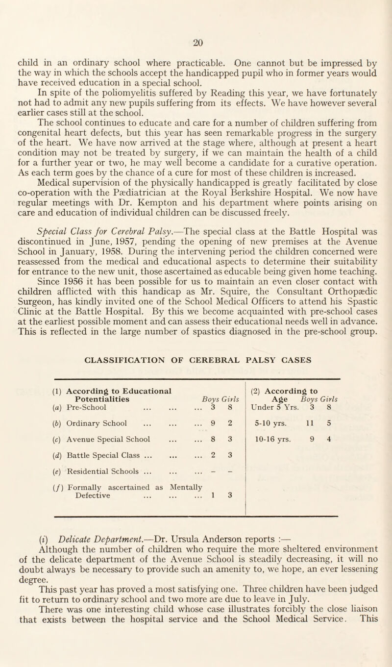 child in an ordinary school where practicable. One cannot but be impressed by the way in wliich the schools accept the handicapped pupil who in former years would have received education in a special school. In spite of the poliomyelitis suffered by Reading this year, we have fortunately not had to admit any new pupils suffering from its effects. We have however several earlier cases still at the school. The school continues to educate and care for a number of children suffering from congenital heart defects, but this year has seen remarkable progress in the surgery of the heart. We have now arrived at the stage where, although at present a heart condition may not be treated by surgery, if we can maintain the health of a child for a further year or two, he may well become a candidate for a curative operation. As each term goes by the chance of a cure for most of these children is increased. Medical supervision of the physically handicapped is greatly facilitated by close co-operation with the Paediatrician at the Royal Berkshire Hospital. We now have regular meetings with Dr. Kempton and his department where points arising on care and education of individual children can be discussed freely. Special Class for Cerebral Palsy.—The special class at the Battle Hospital was discontinued in June, 1957, pending the opening of new premises at the Avenue School in January, 1958. During the intervening period the children concerned were reassessed from the medical and educational aspects to determine their suitability for entrance to the new unit, those ascertained as educable being given home teaching. Since 1956 it has been possible for us to maintain an even closer contact with children afflicted with this handicap as Mr. Squire, the Consultant Orthopaedic Surgeon, has kindly invited one of the School Medical Officers to attend his Spastic Clinic at the Battle Hospital. By this we become acquainted with pre-school cases at the earliest possible moment and can assess their educational needs well in advance. This is reflected in the large number of spastics diagnosed in the pre-school group. CLASSIFICATION OF CEREBRAL PALSY CASES (1) According to Educational Potentialities (a) Pre-School Boys Girls ... 3 8 (2) According to Age Boys Girls Under 5 Yrs. 3 8 (6) Ordinary School ... 9 2 5-10 yrs. 11 5 (c) Avenue Special School ... 8 3 10-16 yrs. 9 4 {d) Battle Special Class ... ... 2 3 (e) Residential Schools ... ... - - (/) Formally ascertained as Mentally Defective ... ... ... 1 3 (i) Delicate Department.—Dr. Ursula Anderson reports :— Although the number of children who require the more sheltered environment of the delicate department of the Avenue School is steadily decreasing, it will no doubt always be necessary to provide such an amenity to, we hope, an ever lessening degree. This past year has proved a most satisfying one. Three children have been judged fit to return to ordinary school and two more are due to leave in July. There was one interesting child whose case illustrates forcibly the close liaison that exists between the hospital service and the School Medical Service. This